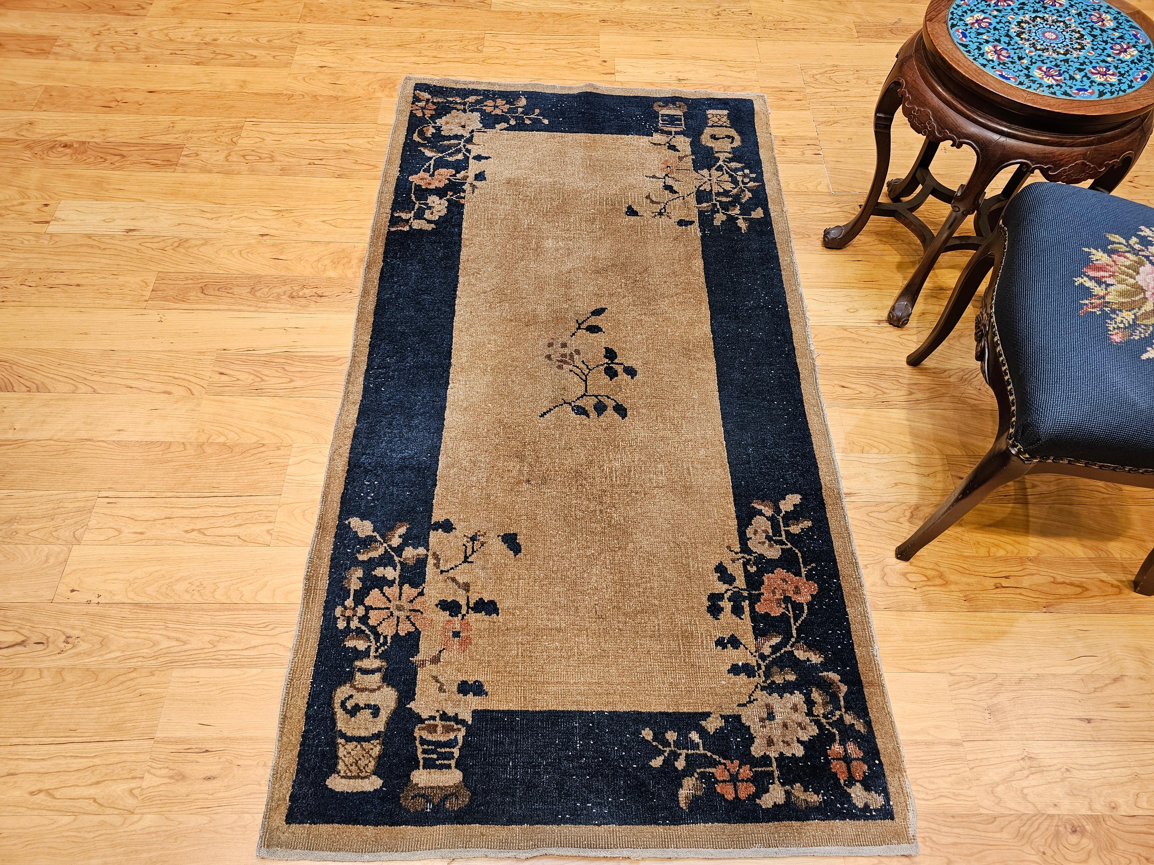 Vintage Art Deco Chinese Rug in Tan Field with Navy Border & Floral Vase Motifs For Sale 9