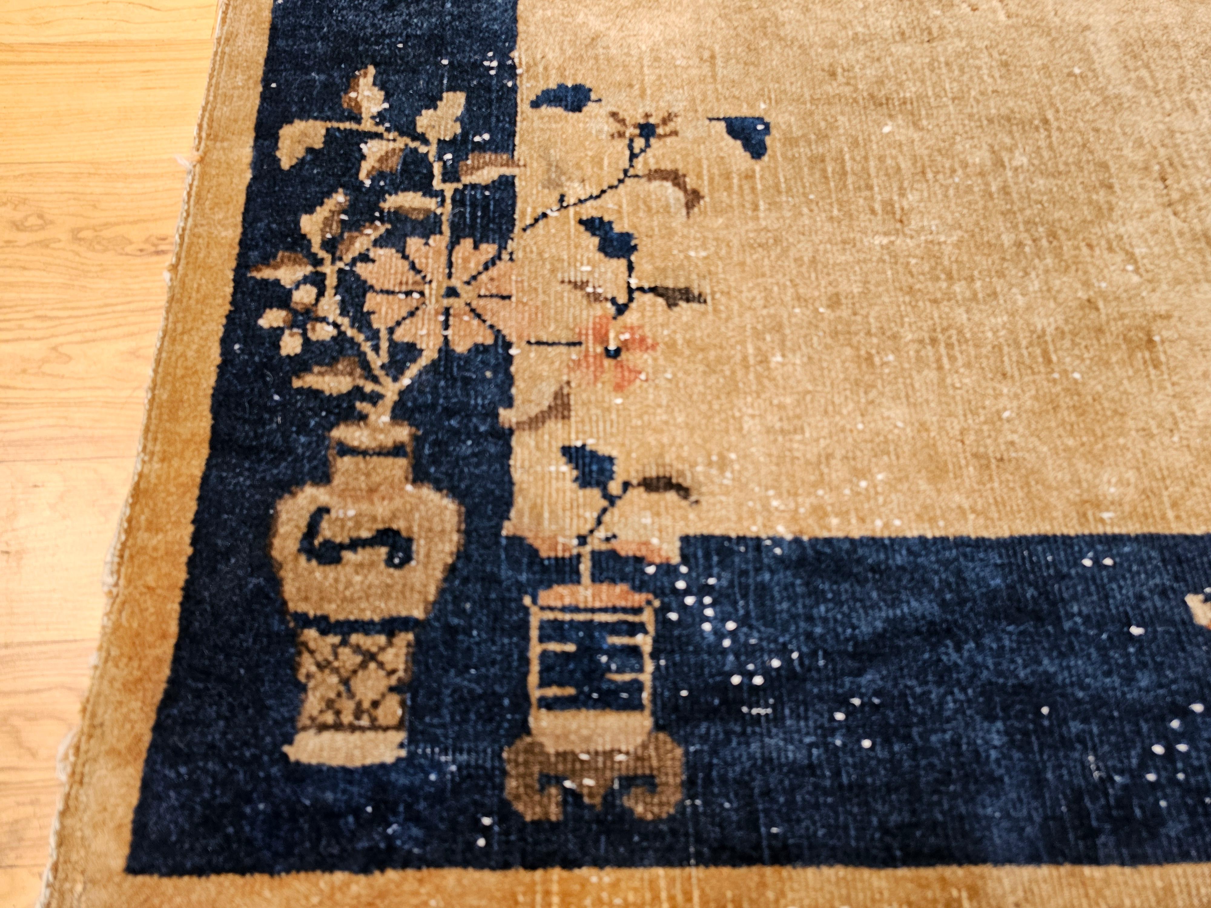 Vintage Art Deco Chinese Rug in Tan Field with Navy Border & Floral Vase Motifs For Sale 3