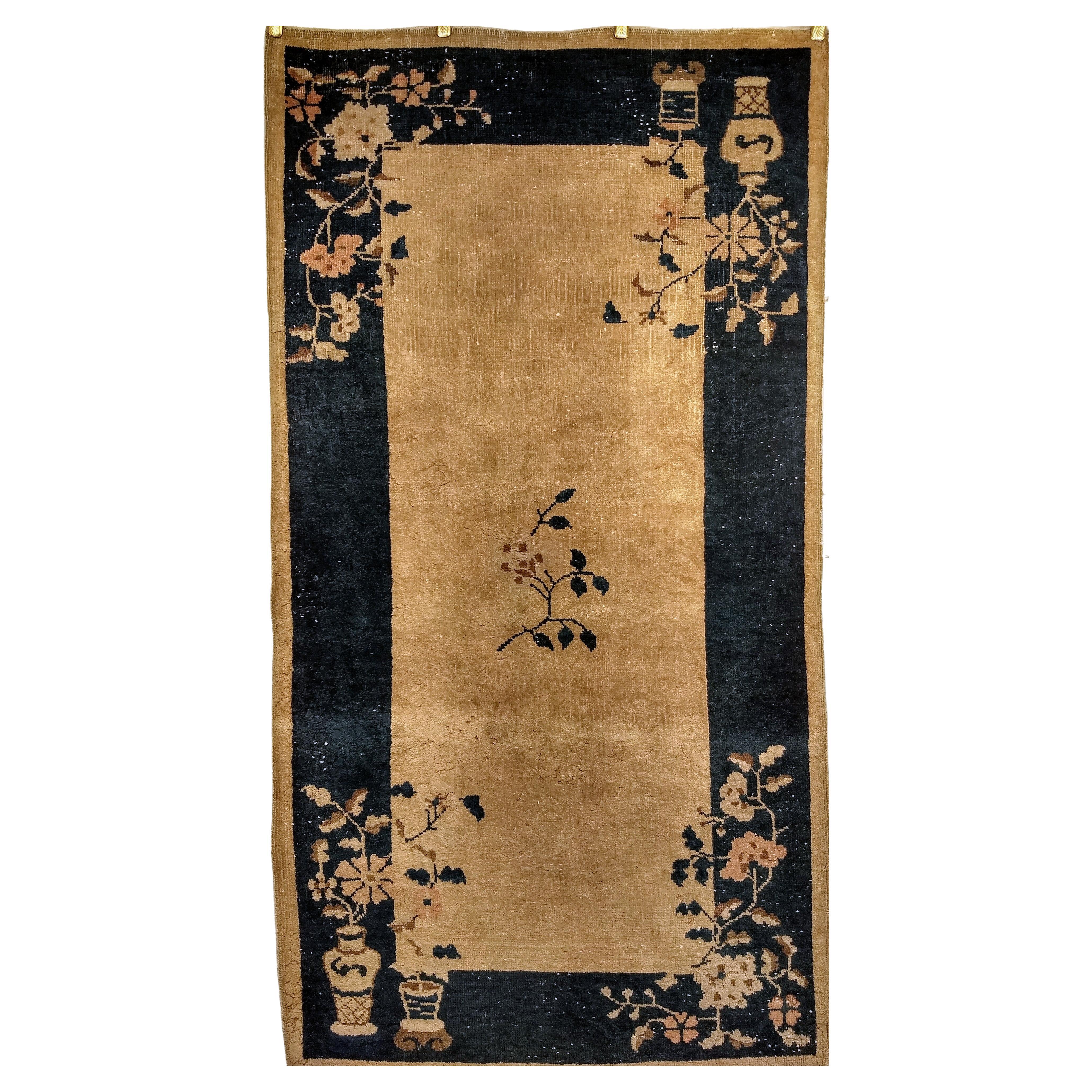 Vintage Art Deco Chinese Area Rug in Tan, Navy Blue, Brown, Pink, Red For Sale