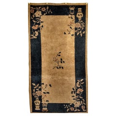 Vintage Art Deco Chinese Area Rug in Tan, Navy Blue, Brown, Pink, Red