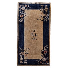 Vintage Art Deco Chinese Rug in Tan Field with Navy Border & Floral Vase Motifs