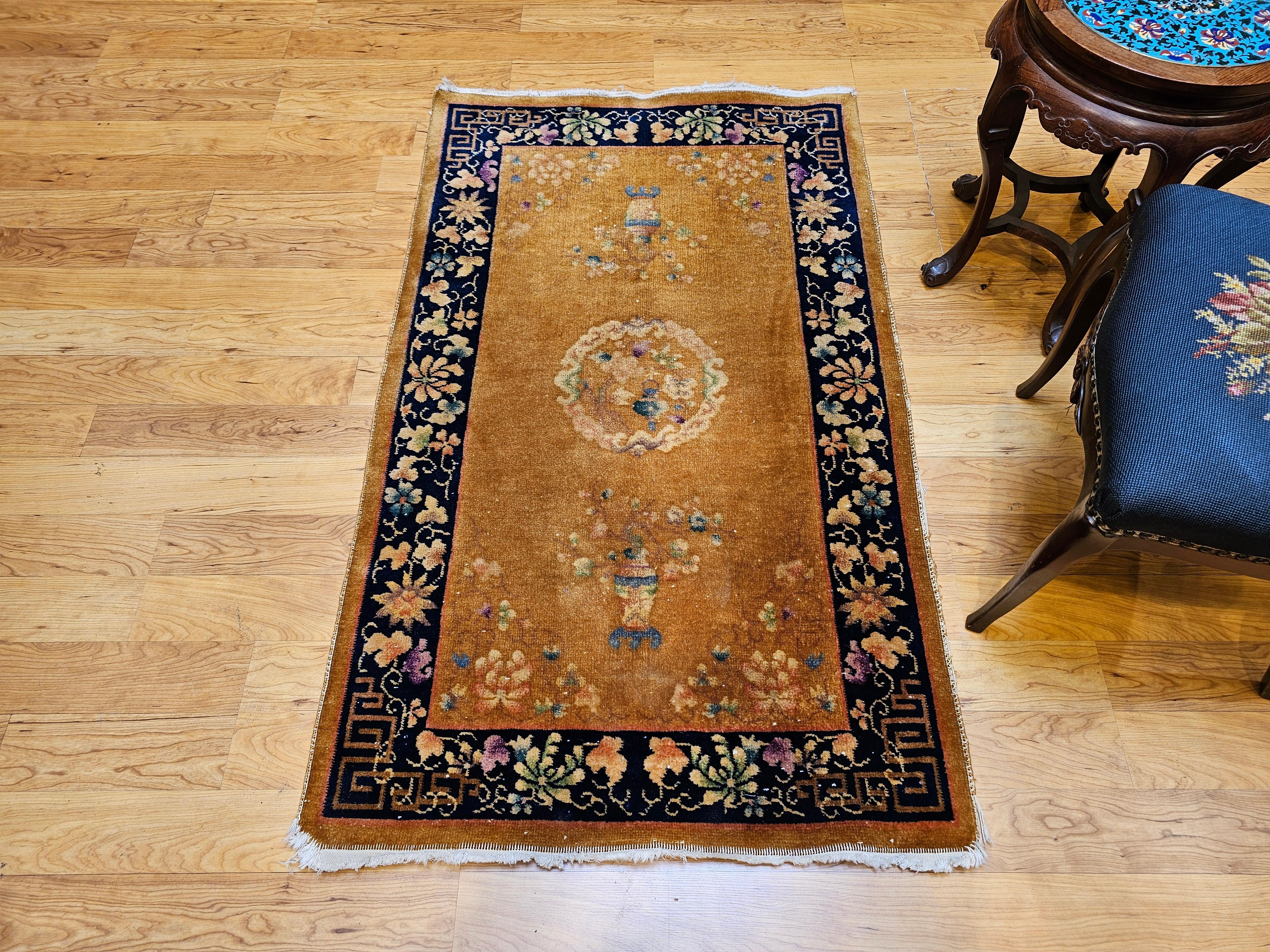 Vintage Art Deco Chinese Rug in Tan Field with Dark Blue Border & Vase Motifs For Sale 4