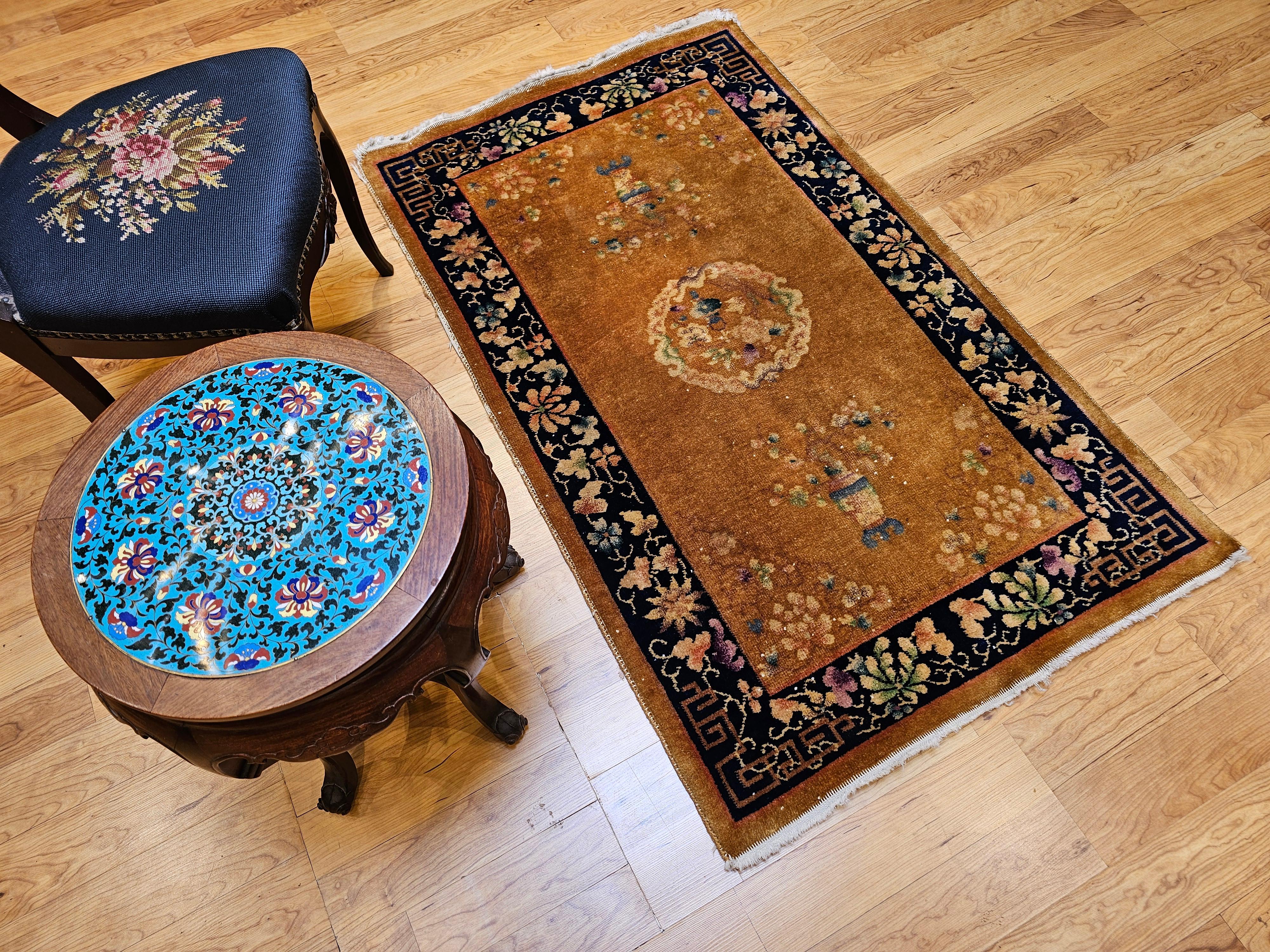 Vintage Art Deco Chinese Rug in Tan Field with Dark Blue Border & Vase Motifs For Sale 6