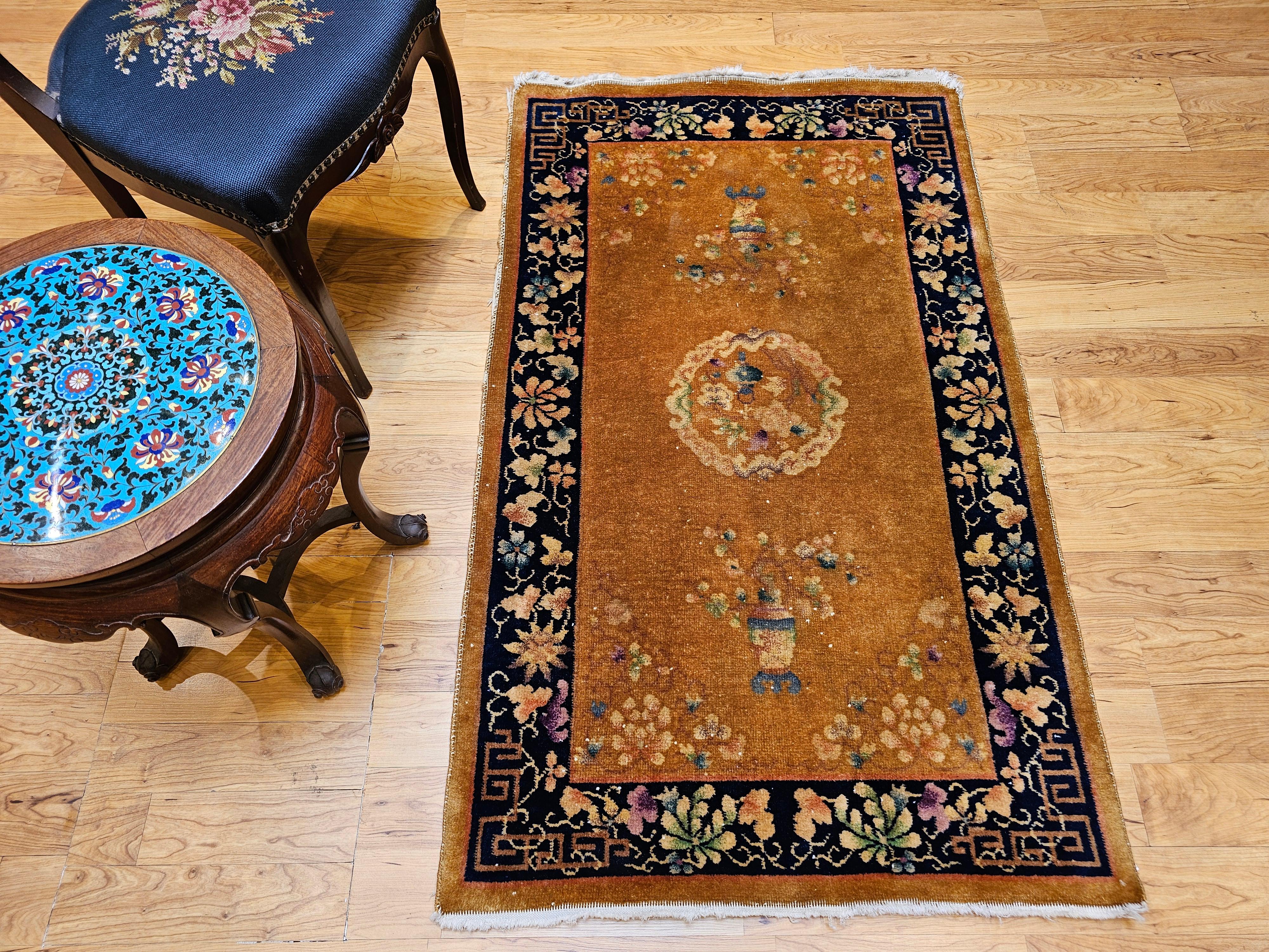 Vintage Art Deco Chinese Rug in Tan Field with Dark Blue Border & Vase Motifs For Sale 7