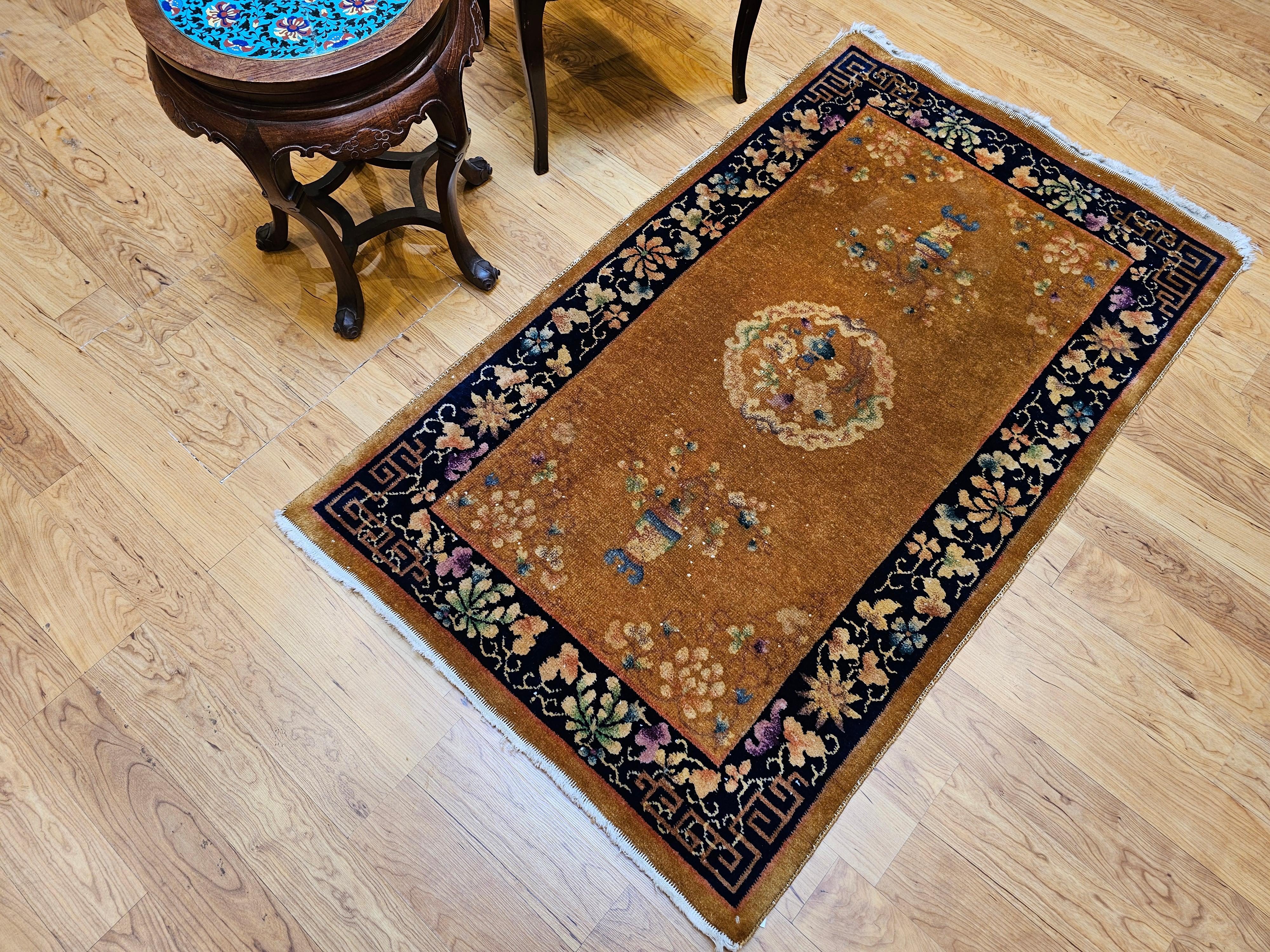 Vintage Art Deco Chinese Rug in Tan Field with Dark Blue Border & Vase Motifs For Sale 8