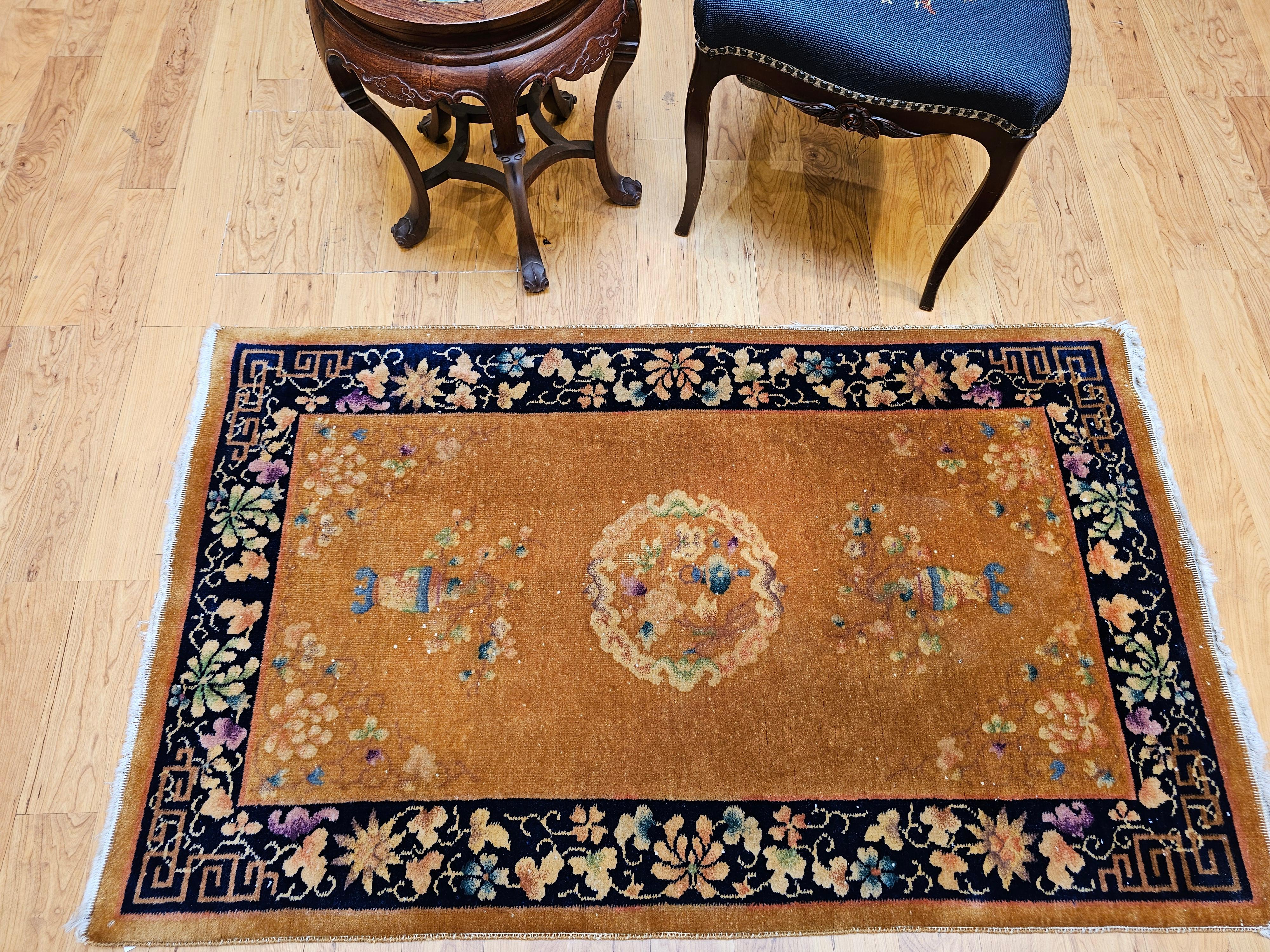 Vintage Art Deco Chinese Rug in Tan Field with Dark Blue Border & Vase Motifs For Sale 9