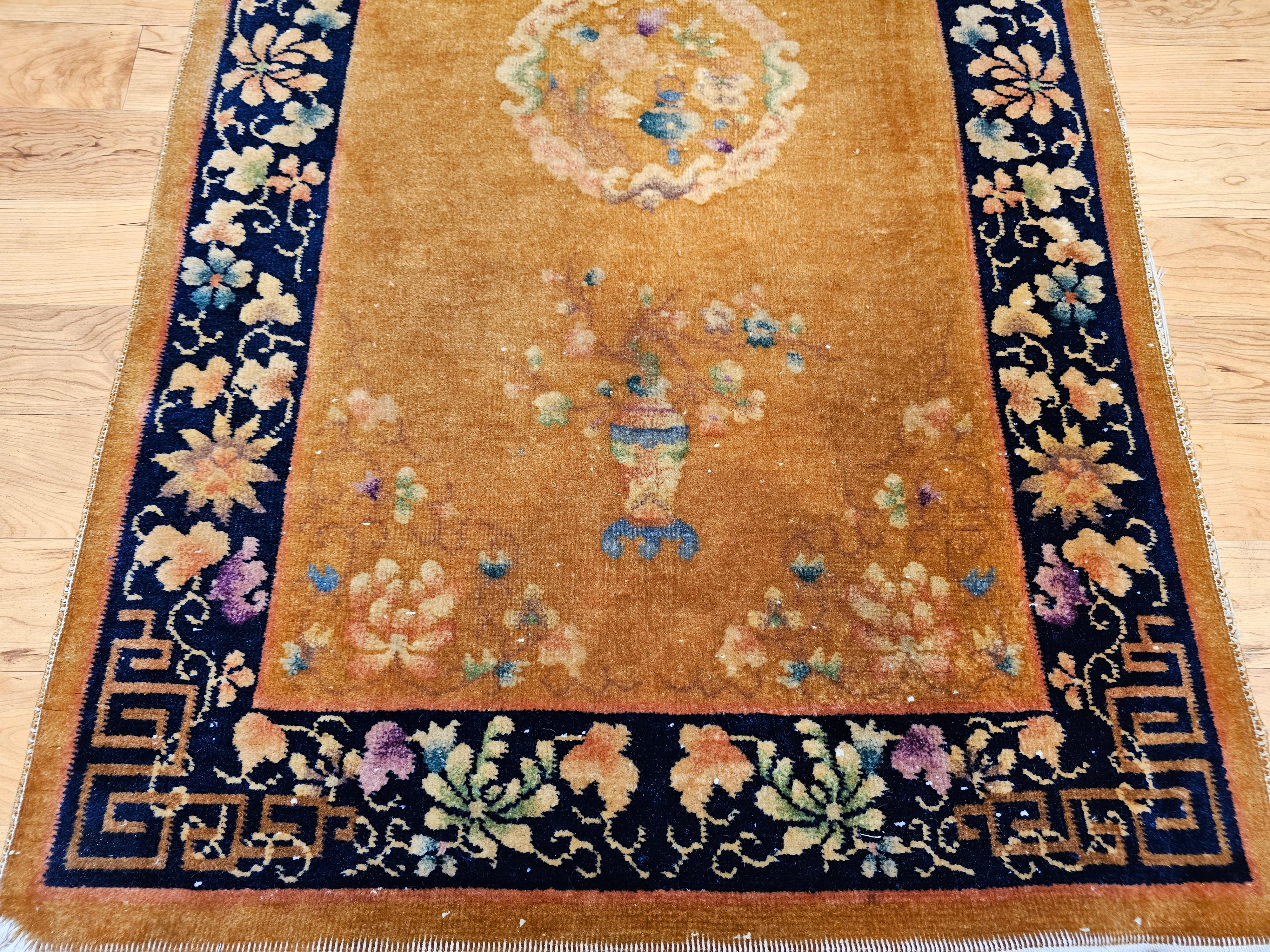 Hand-Knotted Vintage Art Deco Chinese Rug in Tan Field with Dark Blue Border & Vase Motifs For Sale