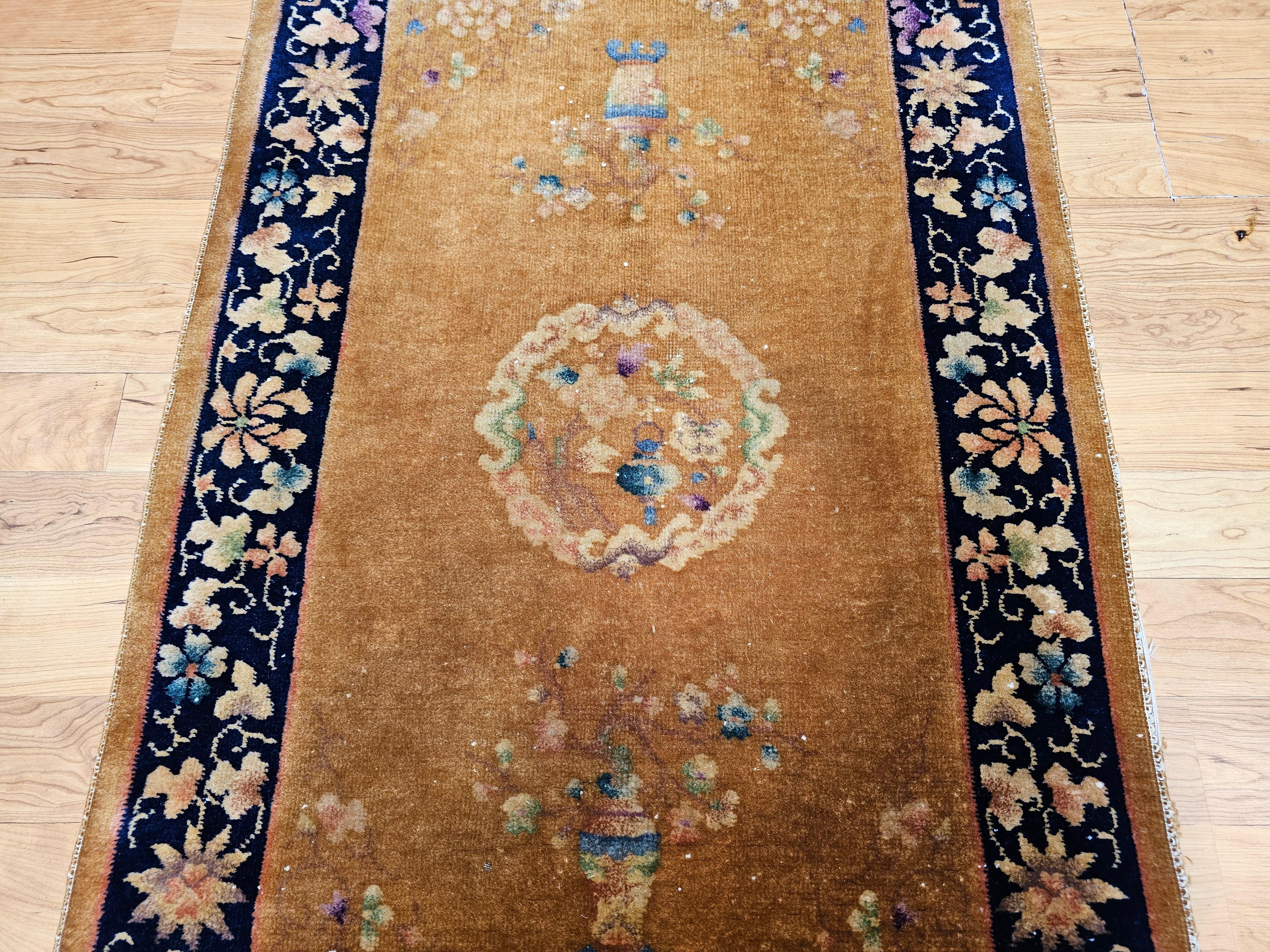 Vintage Art Deco Chinese Rug in Tan Field with Dark Blue Border & Vase Motifs In Good Condition For Sale In Barrington, IL
