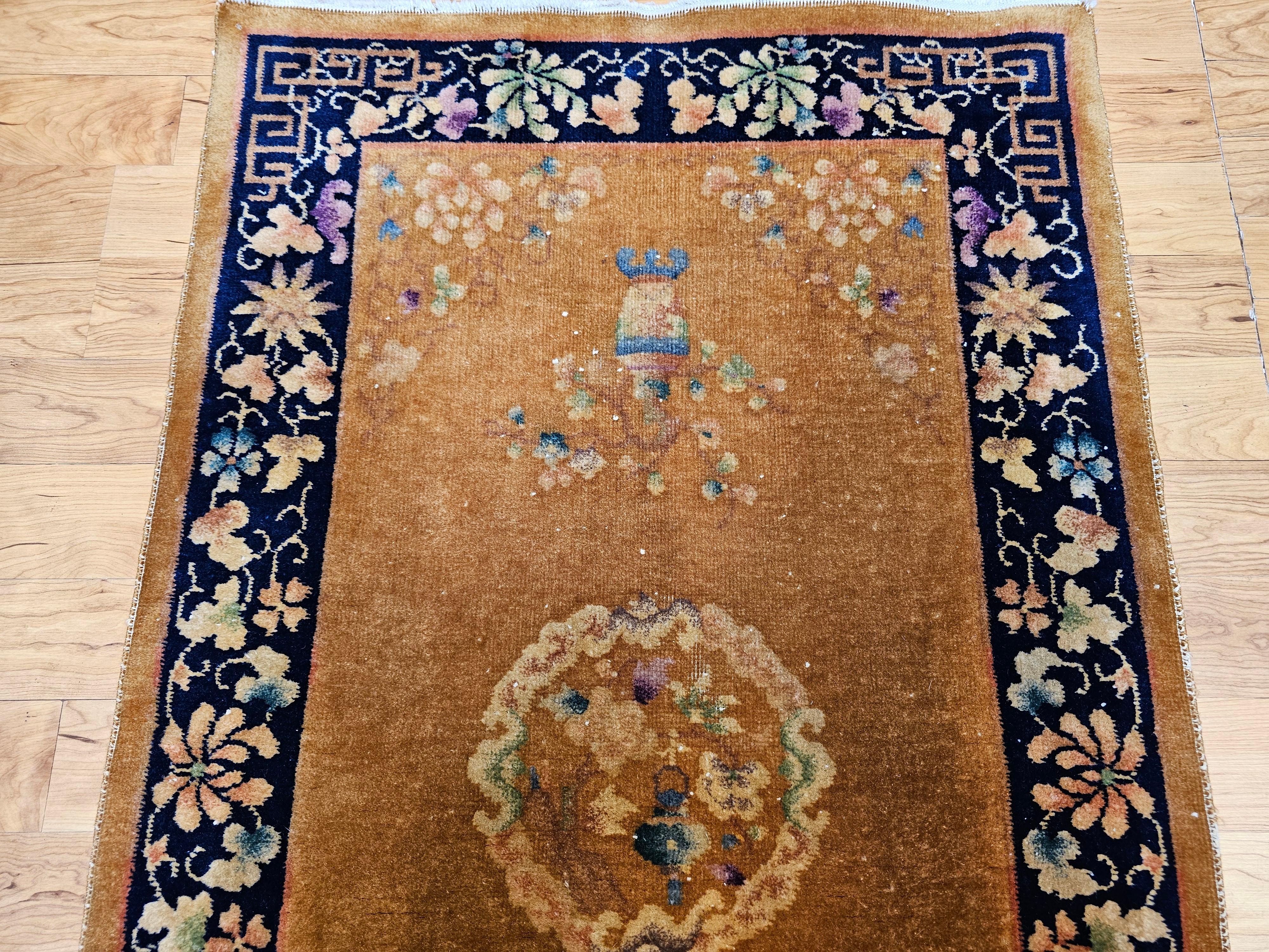 20th Century Vintage Art Deco Chinese Rug in Tan Field with Dark Blue Border & Vase Motifs For Sale