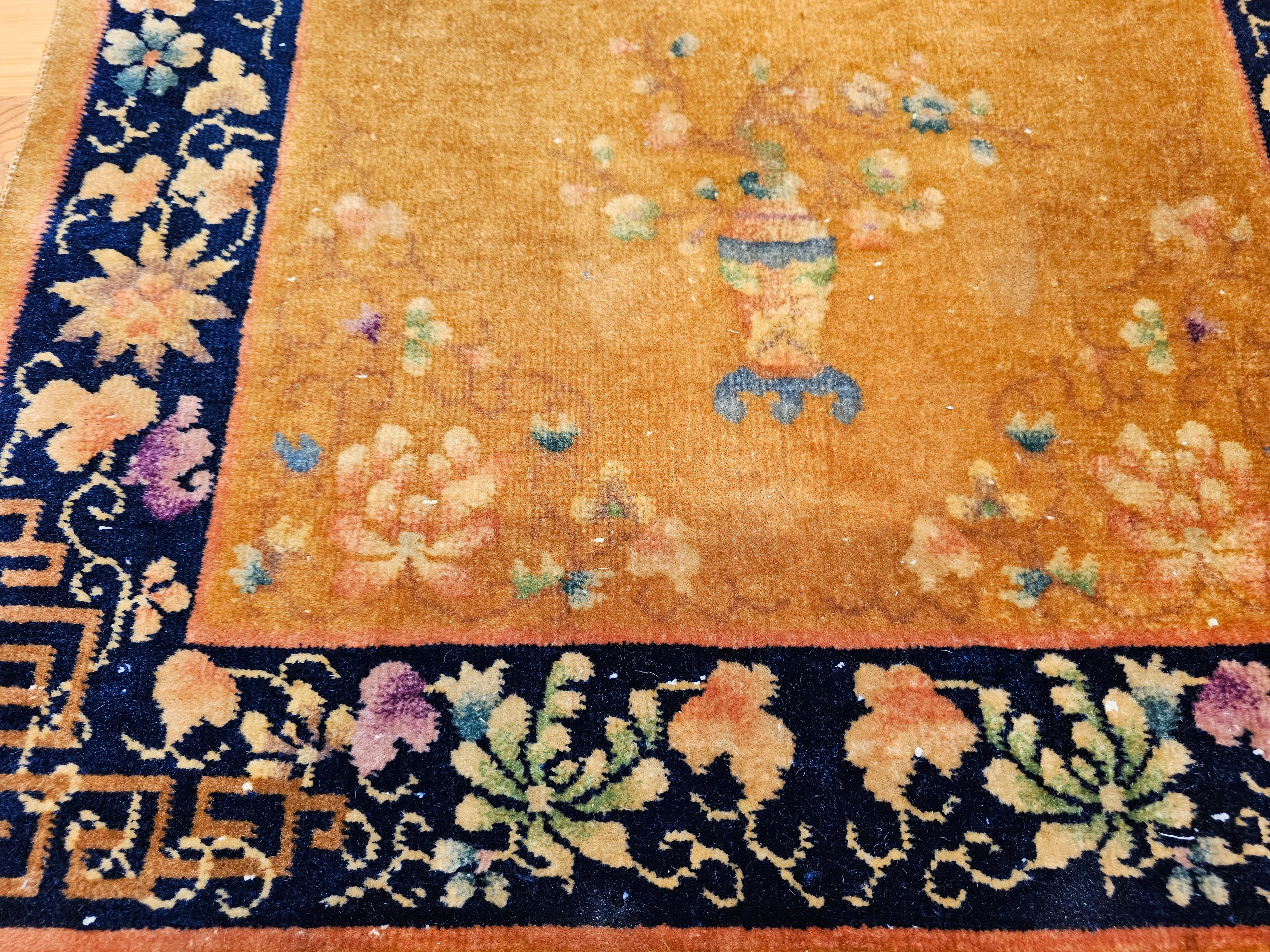 Wool Vintage Art Deco Chinese Rug in Tan Field with Dark Blue Border & Vase Motifs For Sale