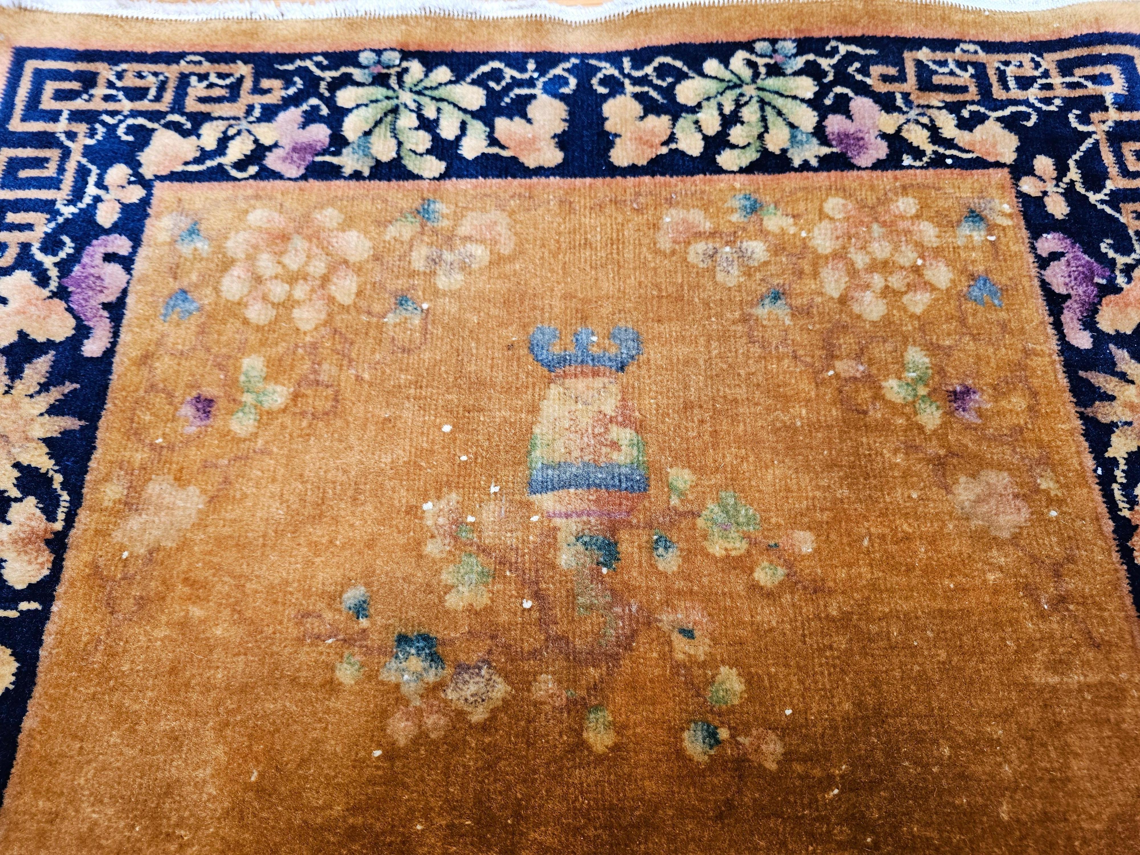 Vintage Art Deco Chinese Rug in Tan Field with Dark Blue Border & Vase Motifs For Sale 2