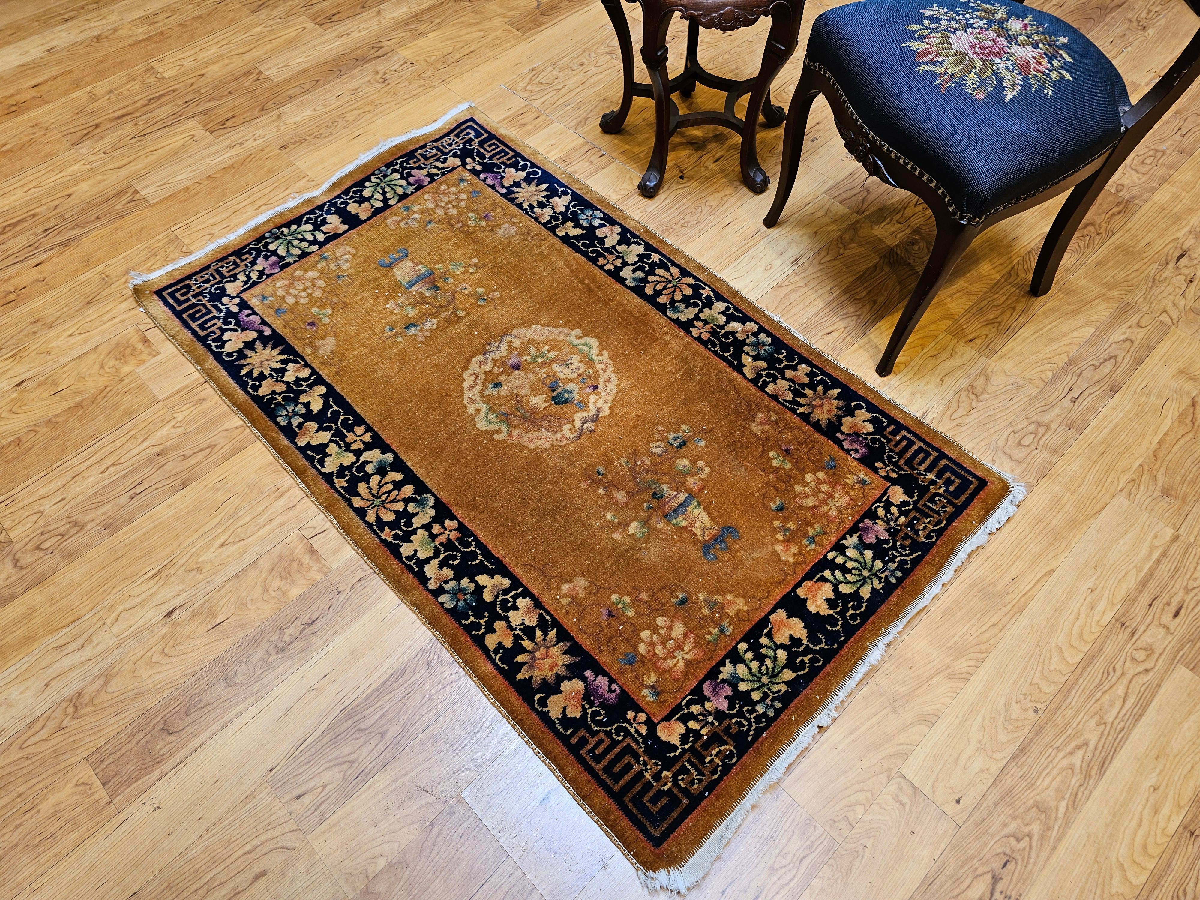 Vintage Art Deco Chinese Rug in Tan Field with Dark Blue Border & Vase Motifs For Sale 3