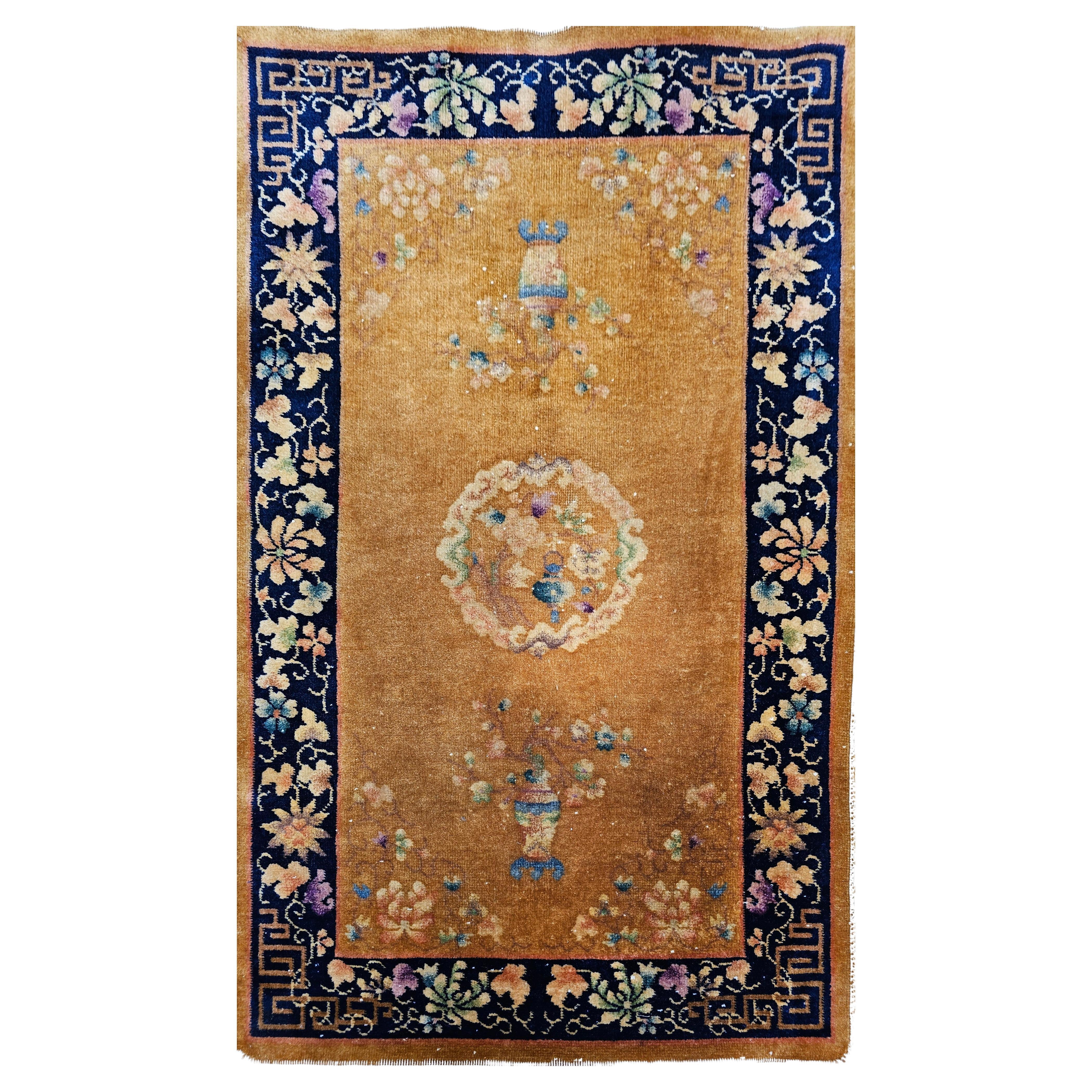 Vintage Art Deco Chinese Rug in Tan Field with Dark Blue Border & Vase Motifs For Sale