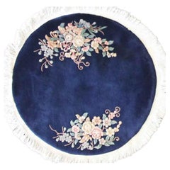 Vintage Art Deco Chinese Carpet, Perfect Blue, 4' Round