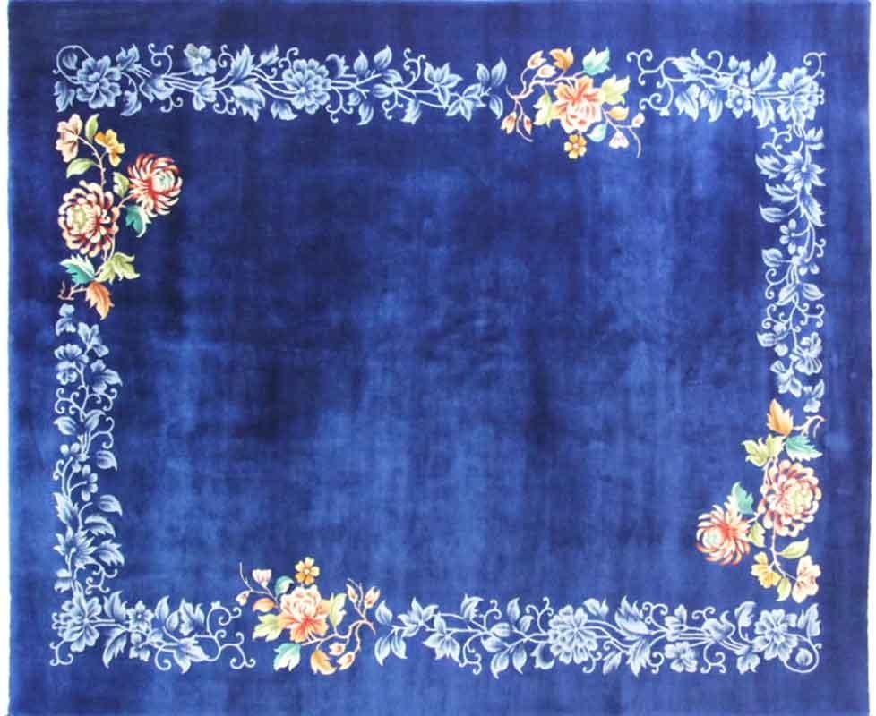 Vintage/Antique handmade Art Deco Chinese carpet, perfect natural dyed Blue background color. c-1940, traditionally floral Design on two corners, rectangular shape. In excellent condition.
Most wonderful Art Deco carpet was made in China, starting