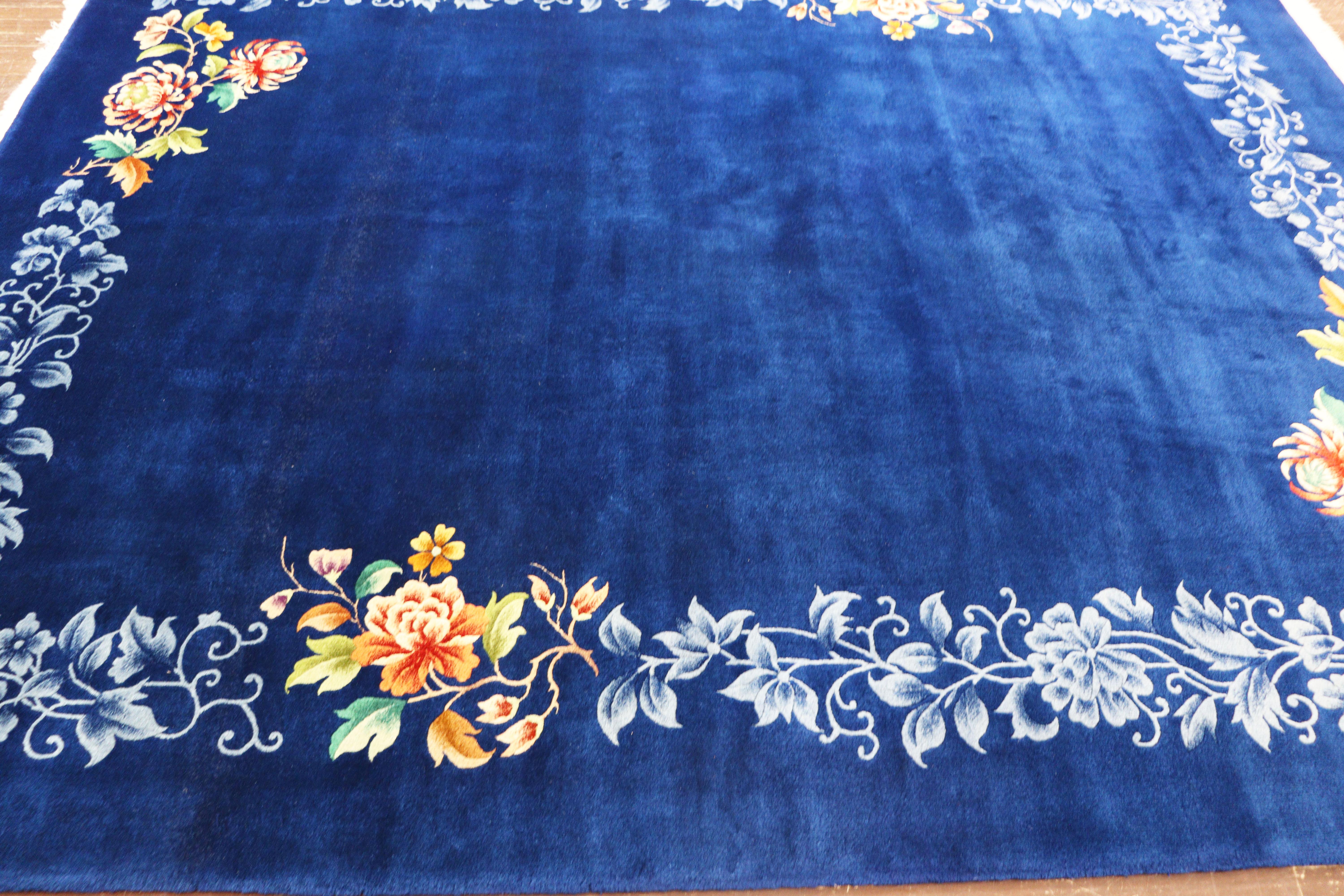 Hand-Knotted Vintage Art Deco Chinese Carpet, Perfect Blue For Sale