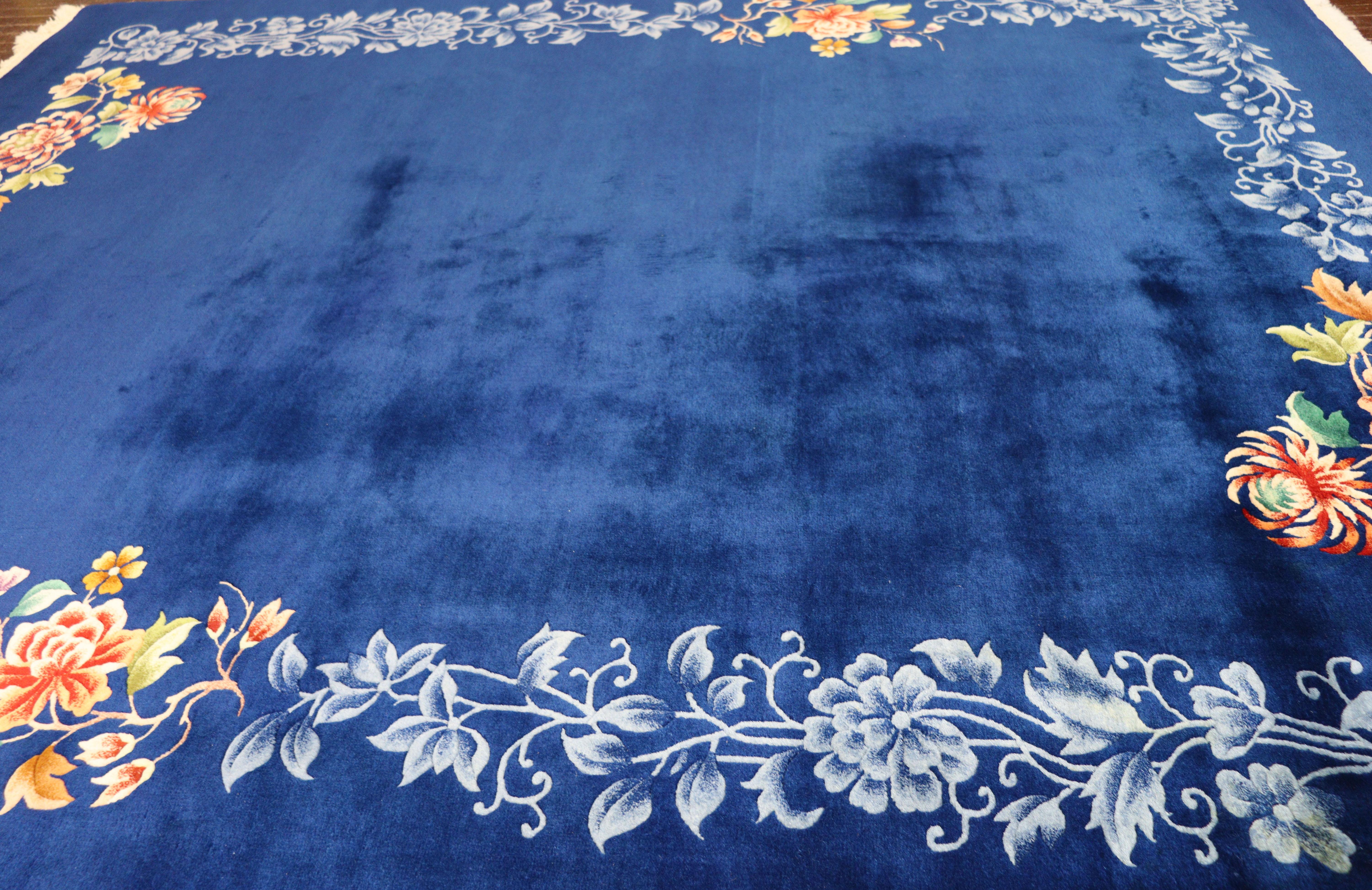 Wool Vintage Art Deco Chinese Carpet, Perfect Blue For Sale