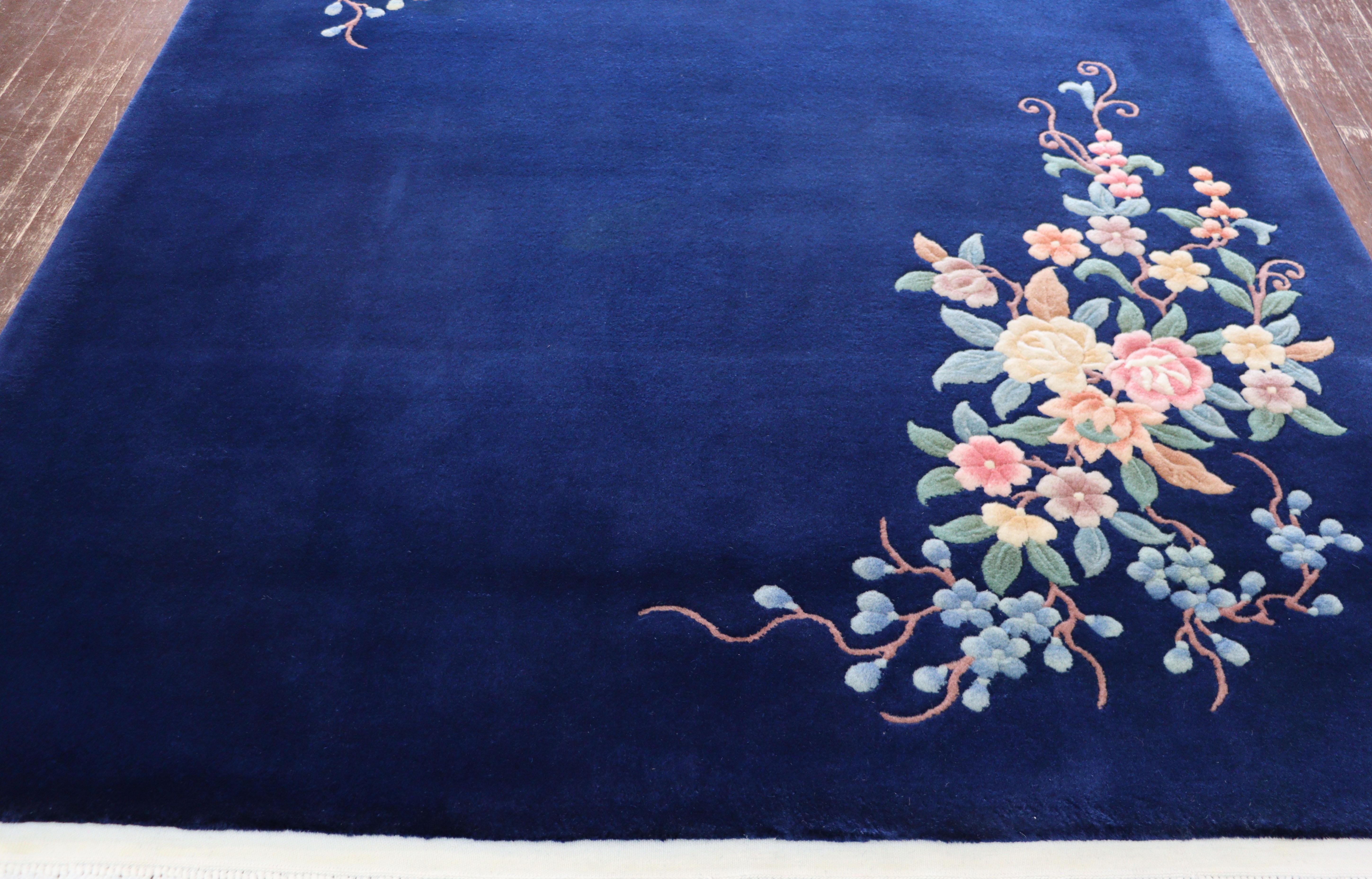 Wool Vintage Art Deco Chinese Carpet, Perfect Blue For Sale