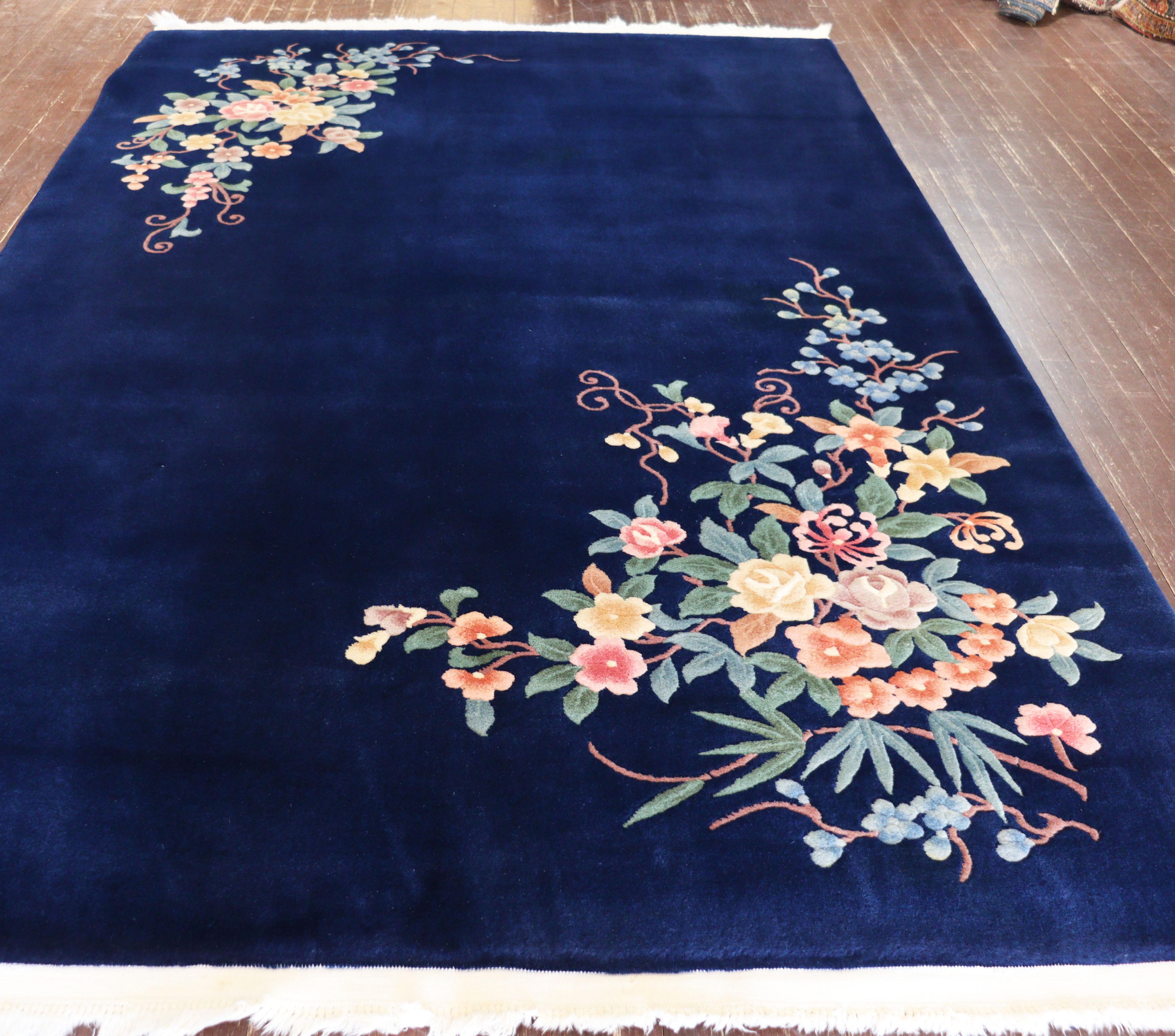 Vintage Art Deco Chinese Carpet, Perfect Blue For Sale 2