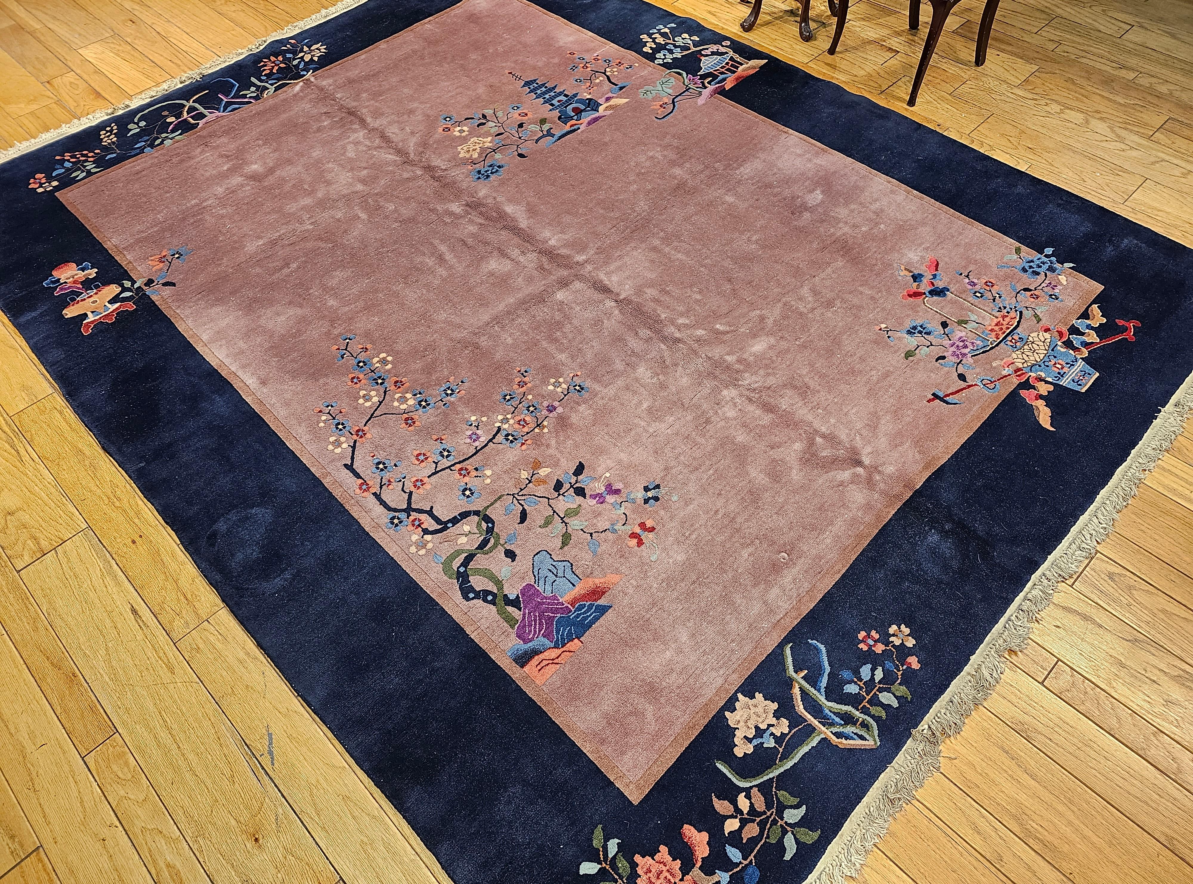 Vintage Art Deco Chinese Nichols Rug in Eggplant, Navy, Blue, Green, Pink For Sale 4