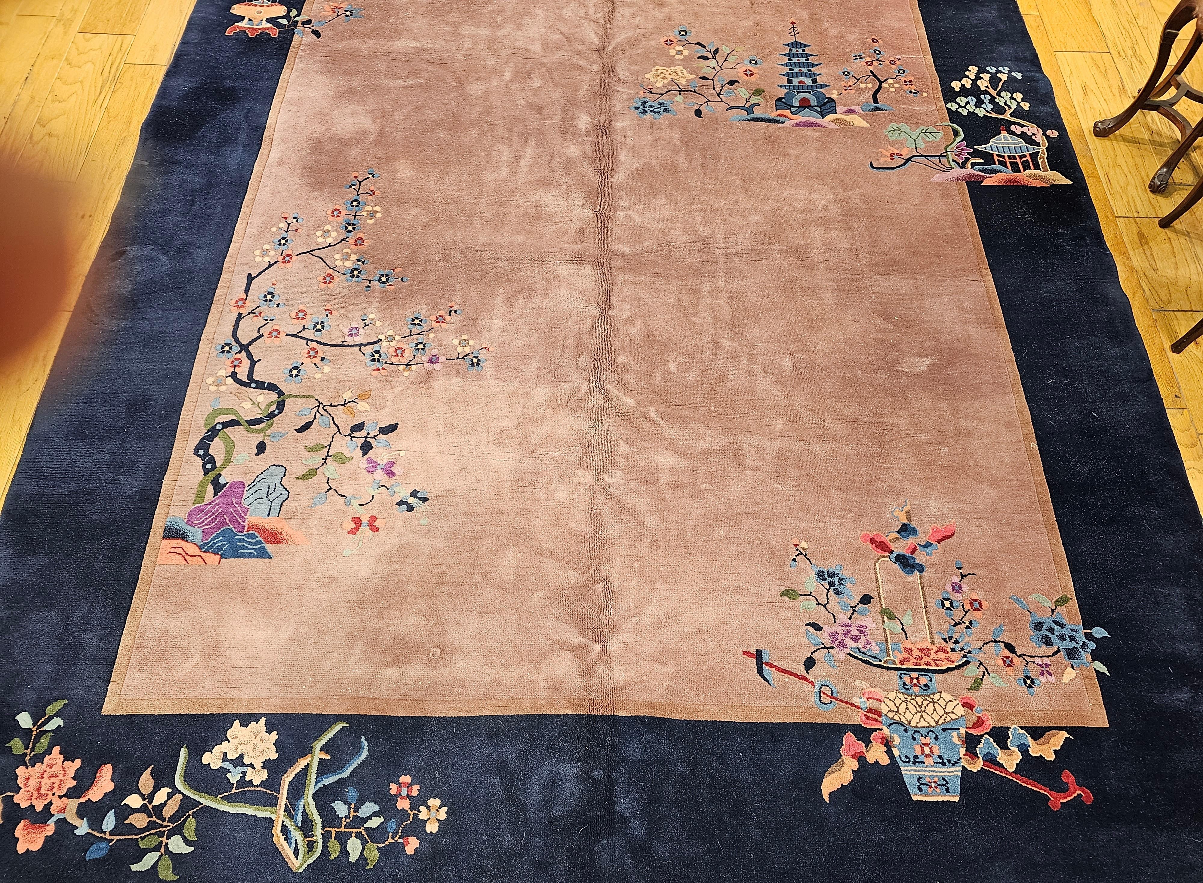 Vintage Art Deco Chinese Nichols Rug in Eggplant, Navy, Blue, Green, Pink For Sale 5