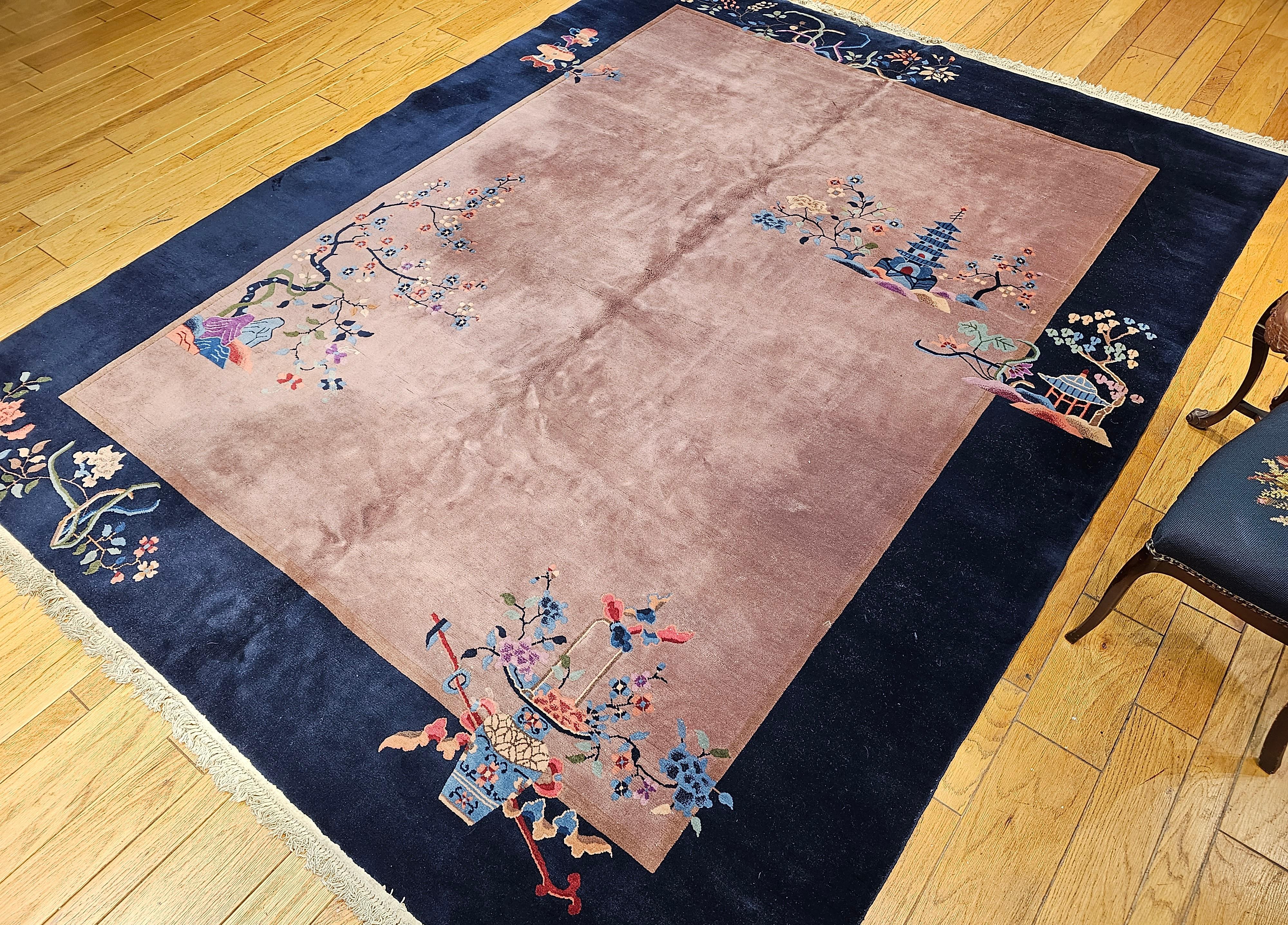 Vintage Art Deco Chinese Nichols Rug in Eggplant, Navy, Blue, Green, Pink For Sale 6