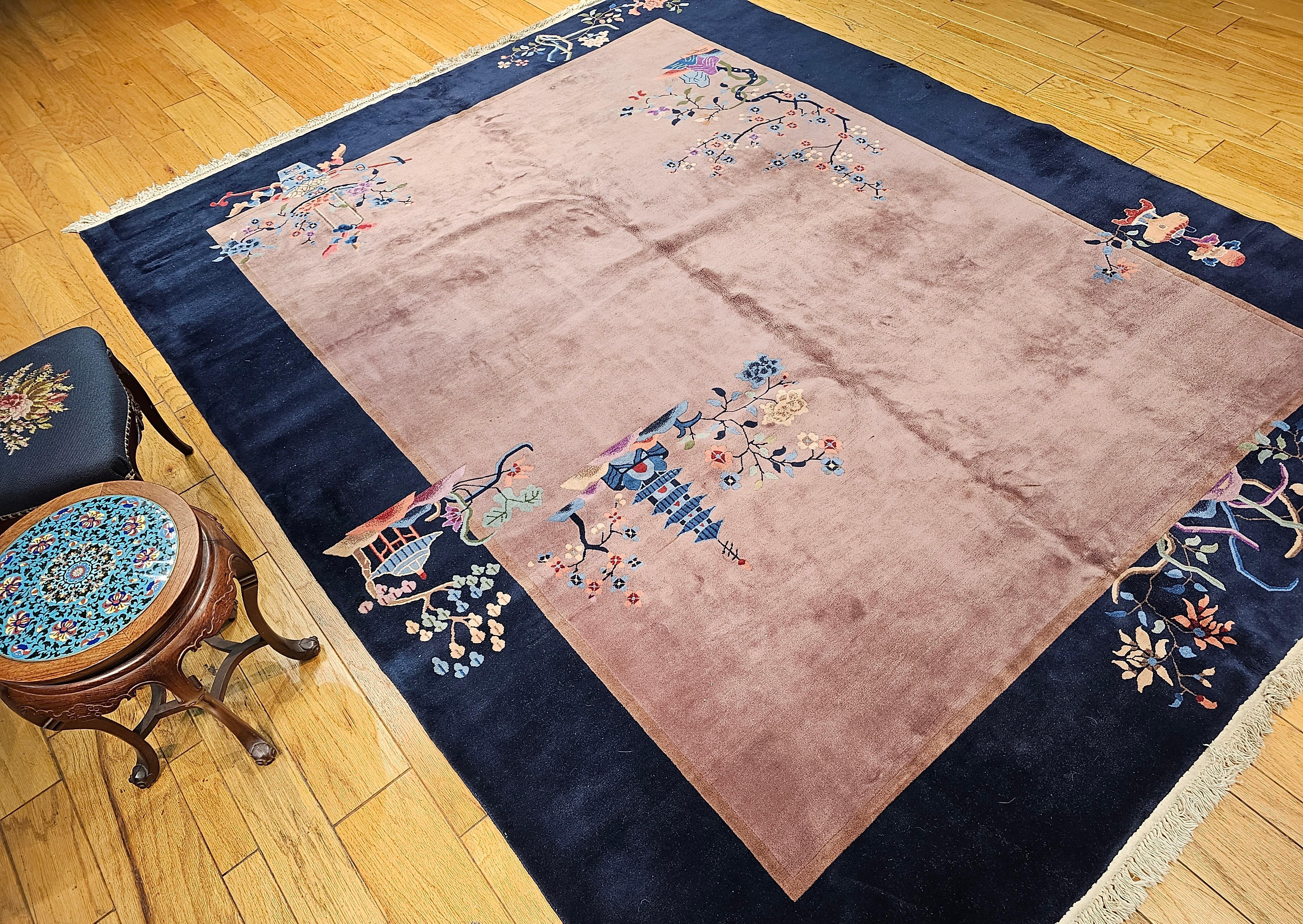 Vintage Art Deco Chinese Nichols Rug in Eggplant, Navy, Blue, Green, Pink For Sale 7