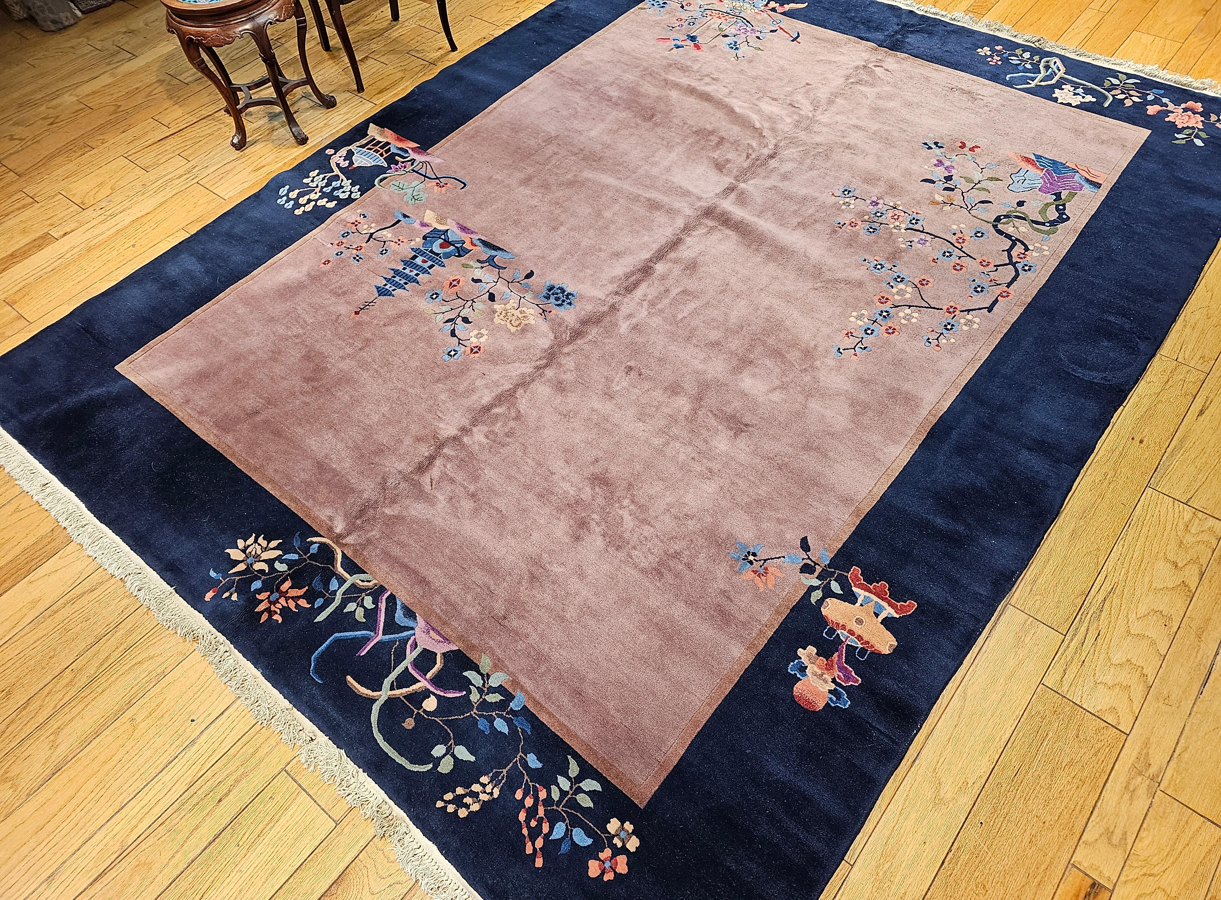 Vintage Art Deco Chinese Nichols Rug in Eggplant, Navy, Blue, Green, Pink For Sale 9