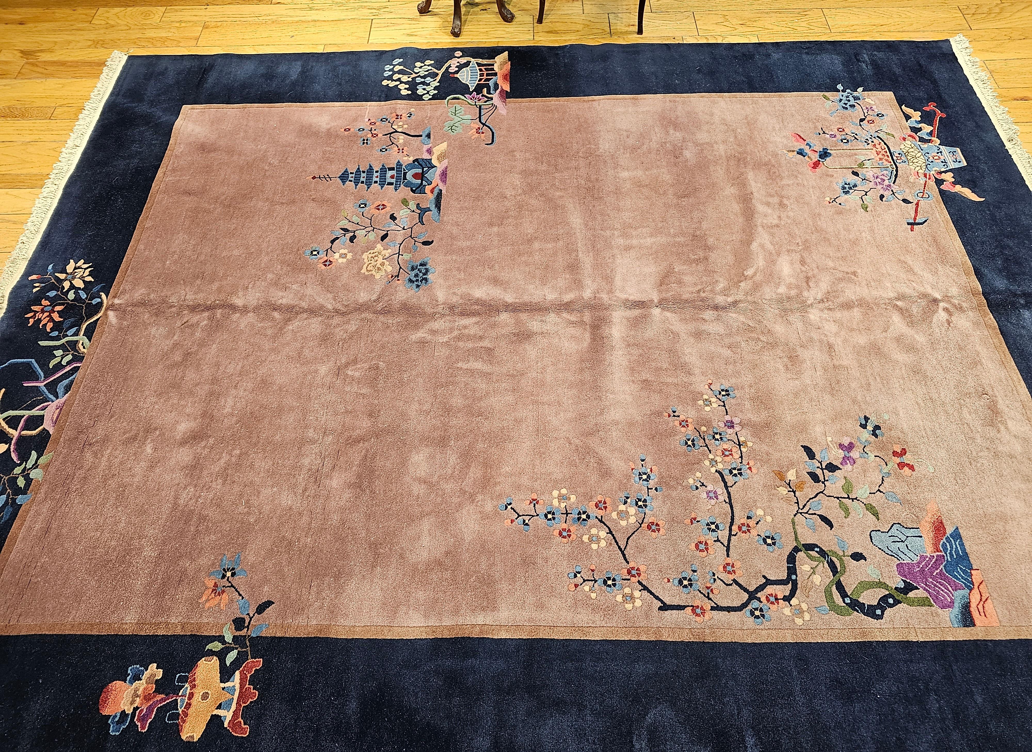 Vintage Art Deco Chinese Nichols Rug in Eggplant, Navy, Blue, Green, Pink For Sale 10
