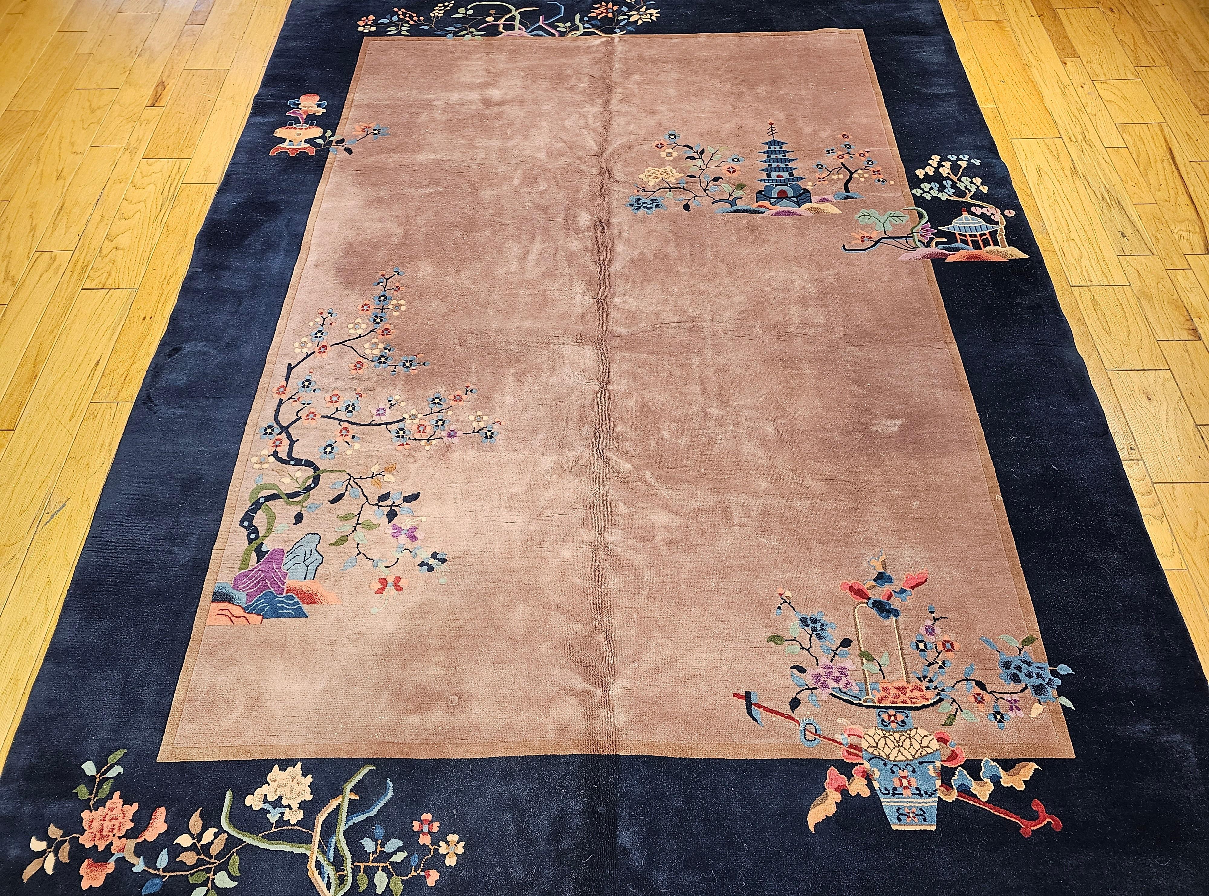 Vintage Art Deco Chinese Nichols Rug in Eggplant, Navy, Blue, Green, Pink For Sale 11
