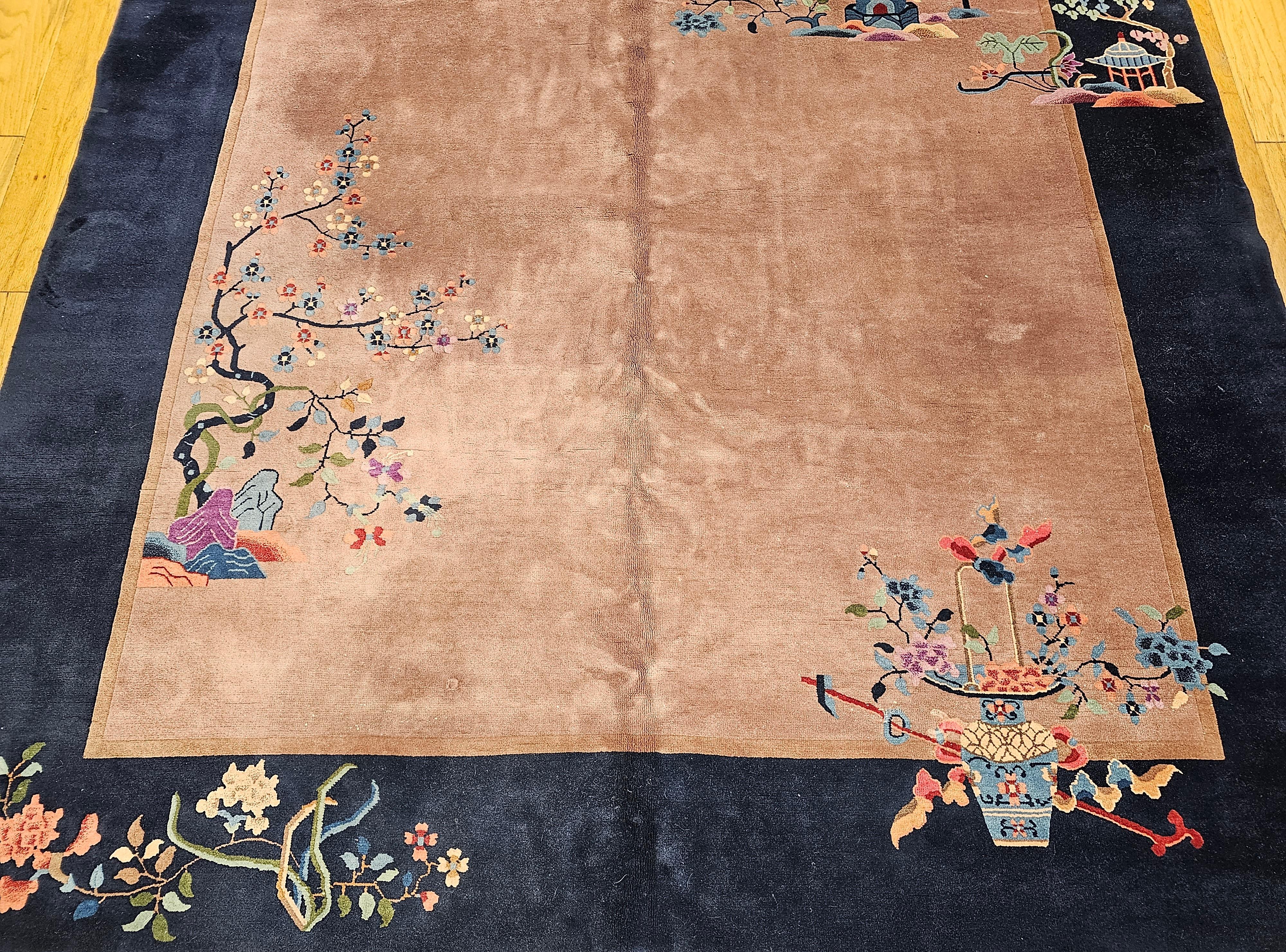 Hand-Knotted Vintage Art Deco Chinese Nichols Rug in Eggplant, Navy, Blue, Green, Pink For Sale