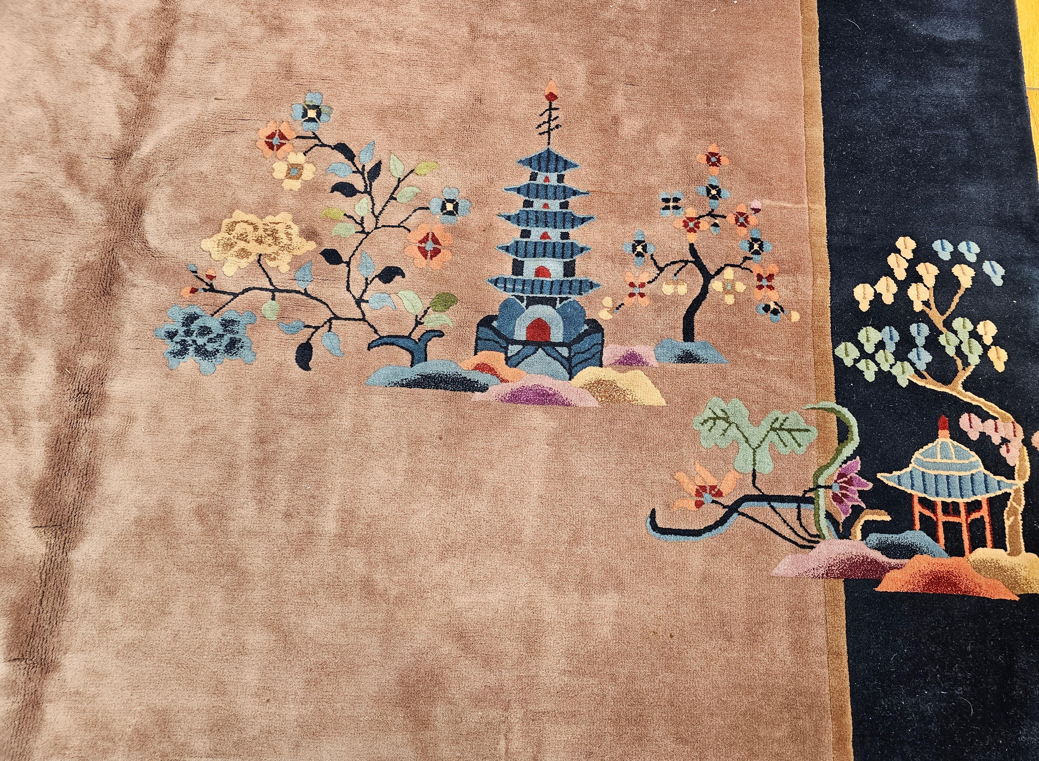Vintage Art Deco Chinese Nichols Rug in Eggplant, Navy, Blue, Green, Pink For Sale 2