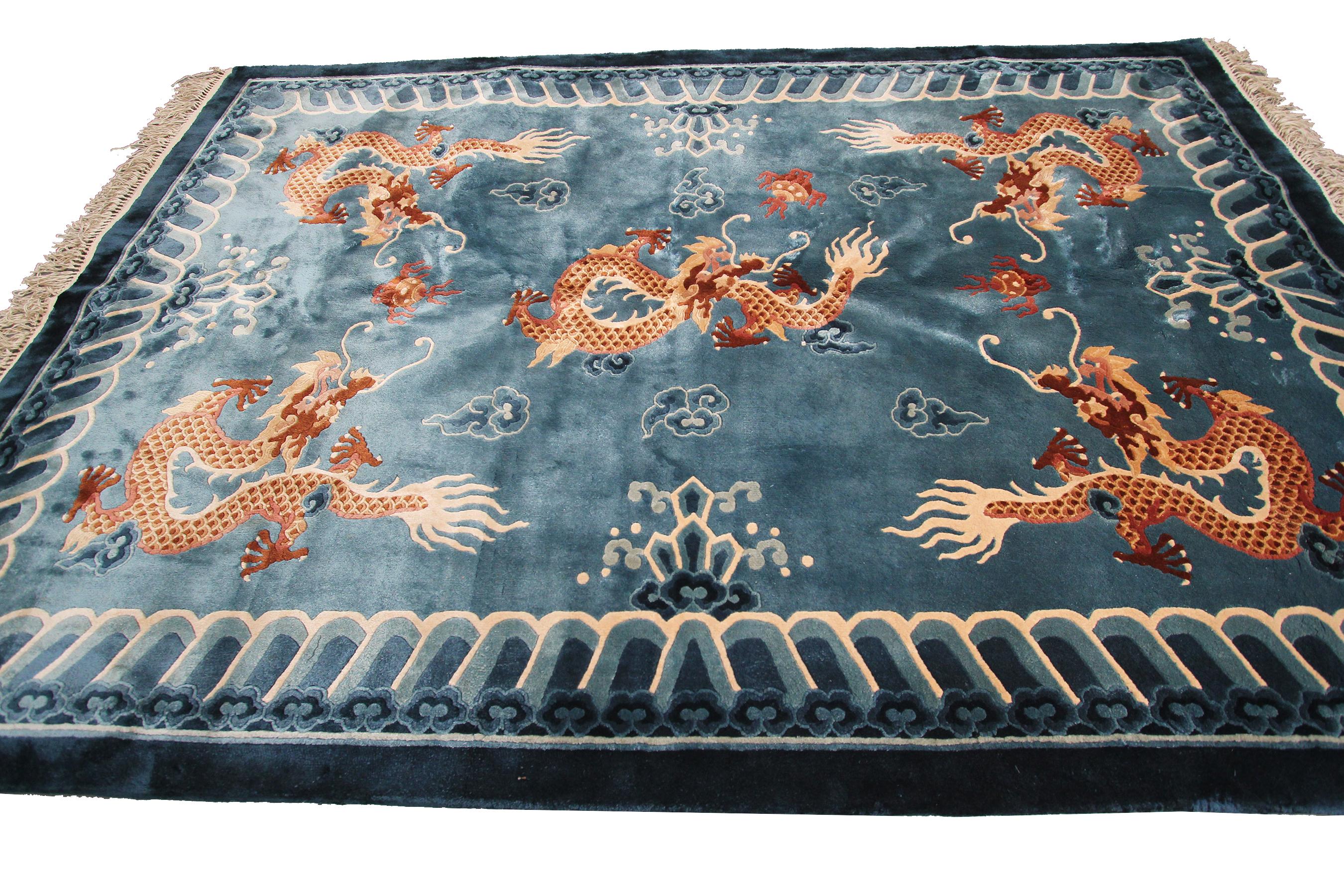 Rare tapis chinois vintage Tapisserie de soie organique fine 5 pattes Dragons 4' x 6'1