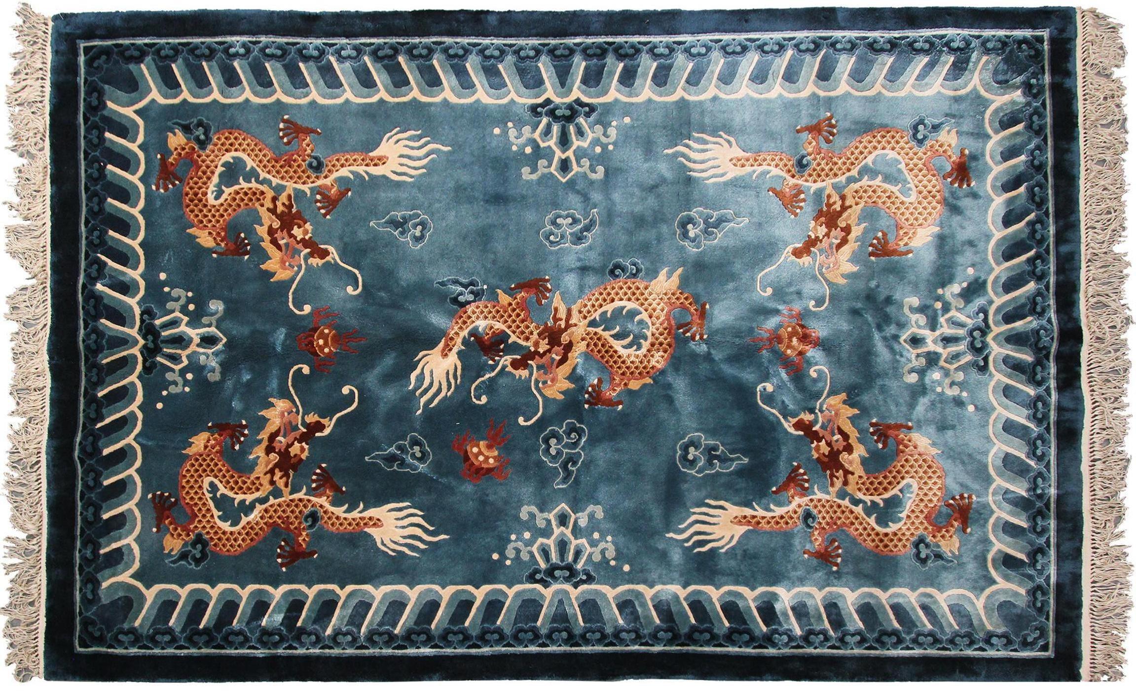 Chinesischer Vintage-Art-Déco-Teppich, antik, Seide, Chinesischer Wandteppich, lila Drache (Handgeknüpft) im Angebot
