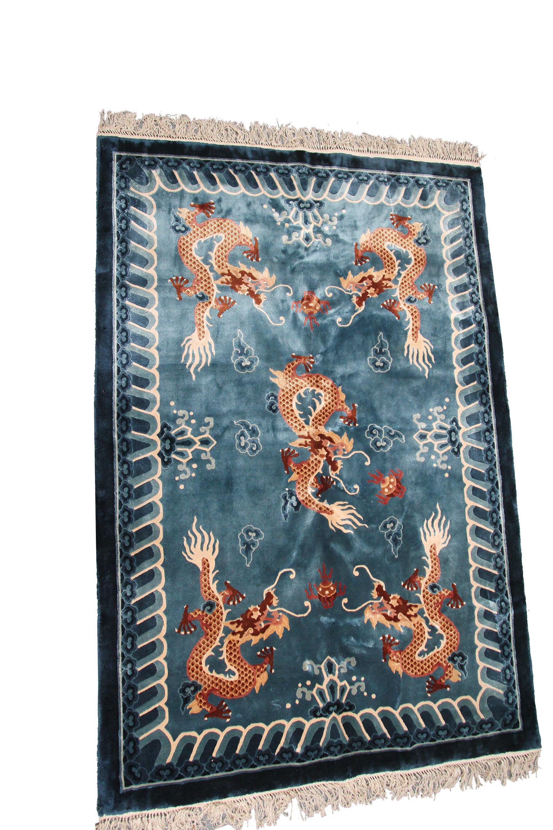 Vintage Art Deco Chinese Rug Antique Silk Chinese Tapestry Purple Dragon In Excellent Condition For Sale In New York, NY