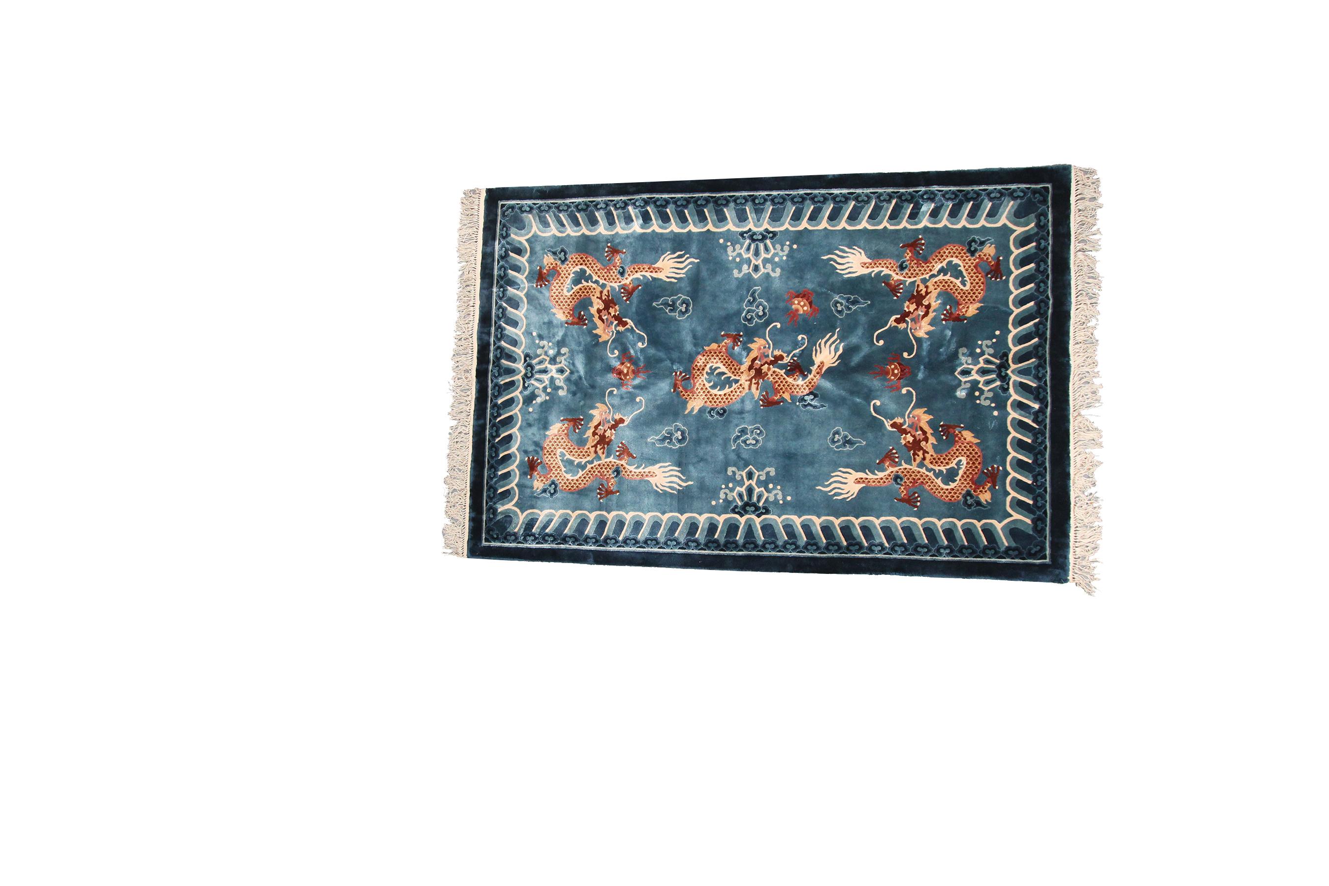 Chinesischer Vintage-Art-Déco-Teppich, antik, Seide, Chinesischer Wandteppich, lila Drache (Wolle) im Angebot