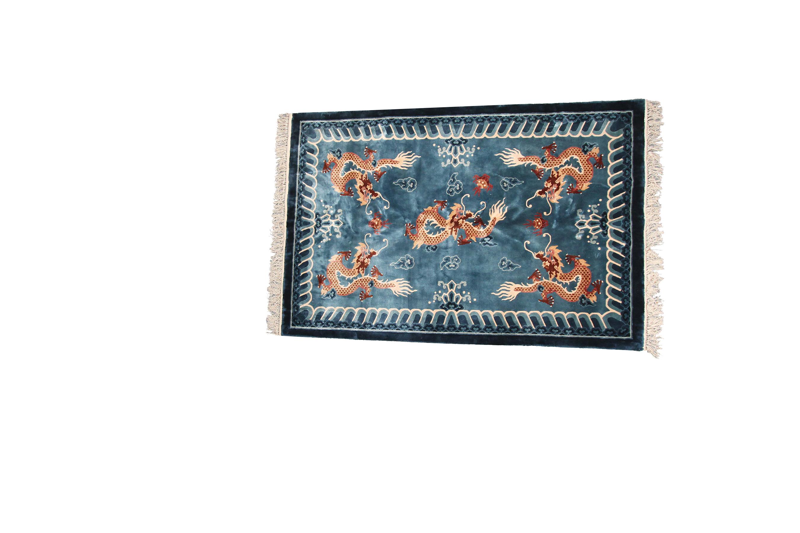 Mid-20th Century Vintage Art Deco Chinese Rug Antique Silk Chinese Tapestry Purple Dragon For Sale
