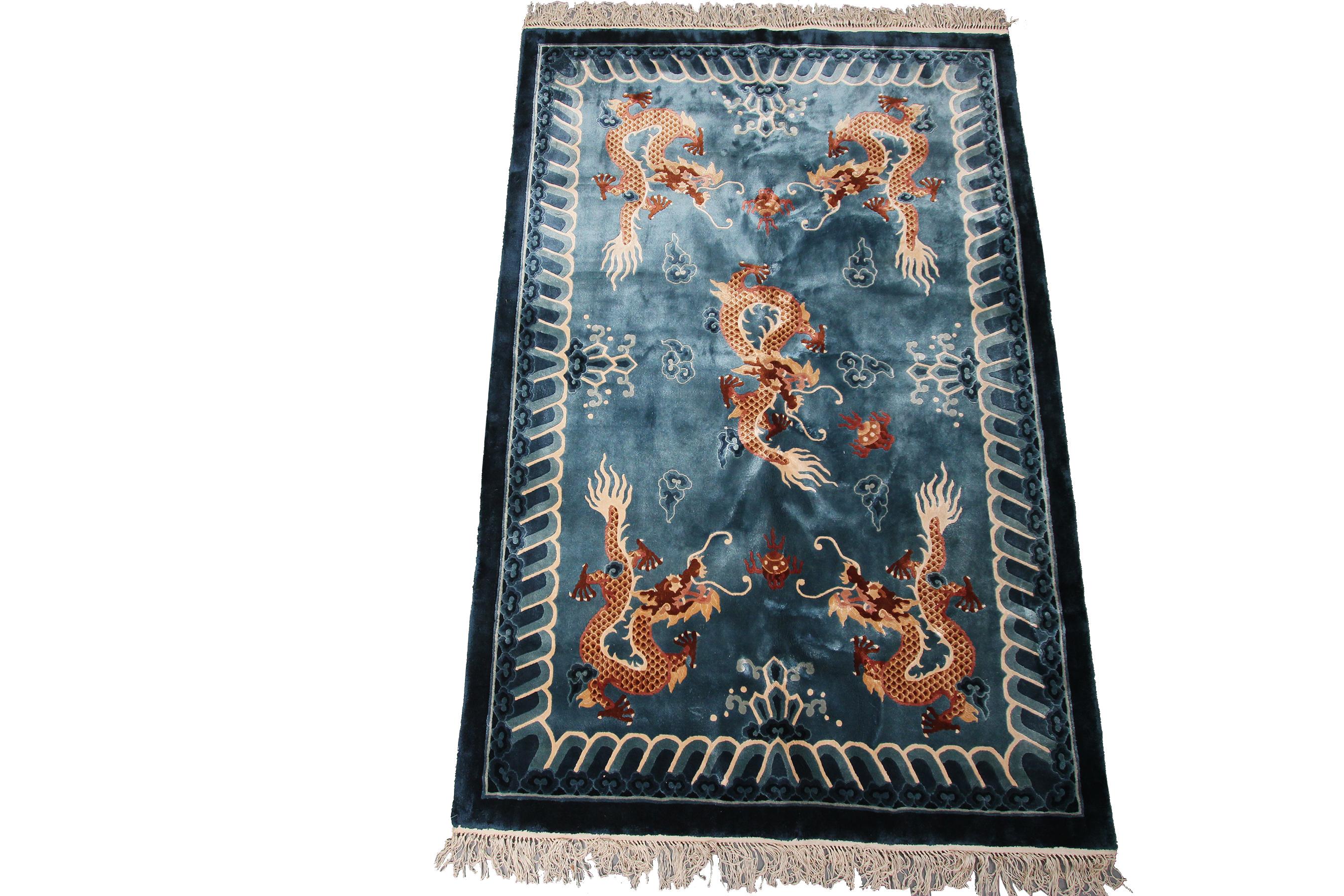Noué à la main Tapis chinois Art déco vintage en soie ancienne avec tapisserie chinoise et dragon violet en vente