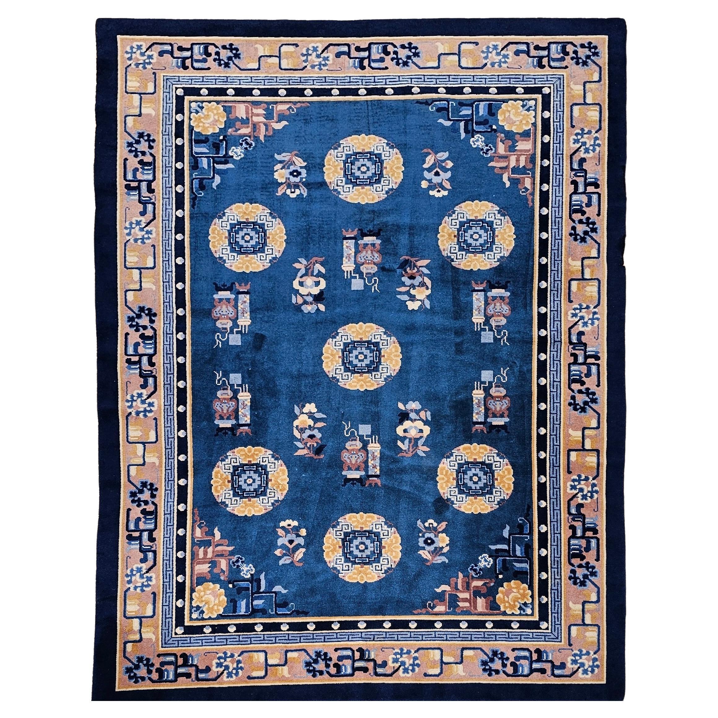 Vintage Art Deco Chinese Rug, Handwoven Wool Pile, Floral Design, Blue, 6' x 8'