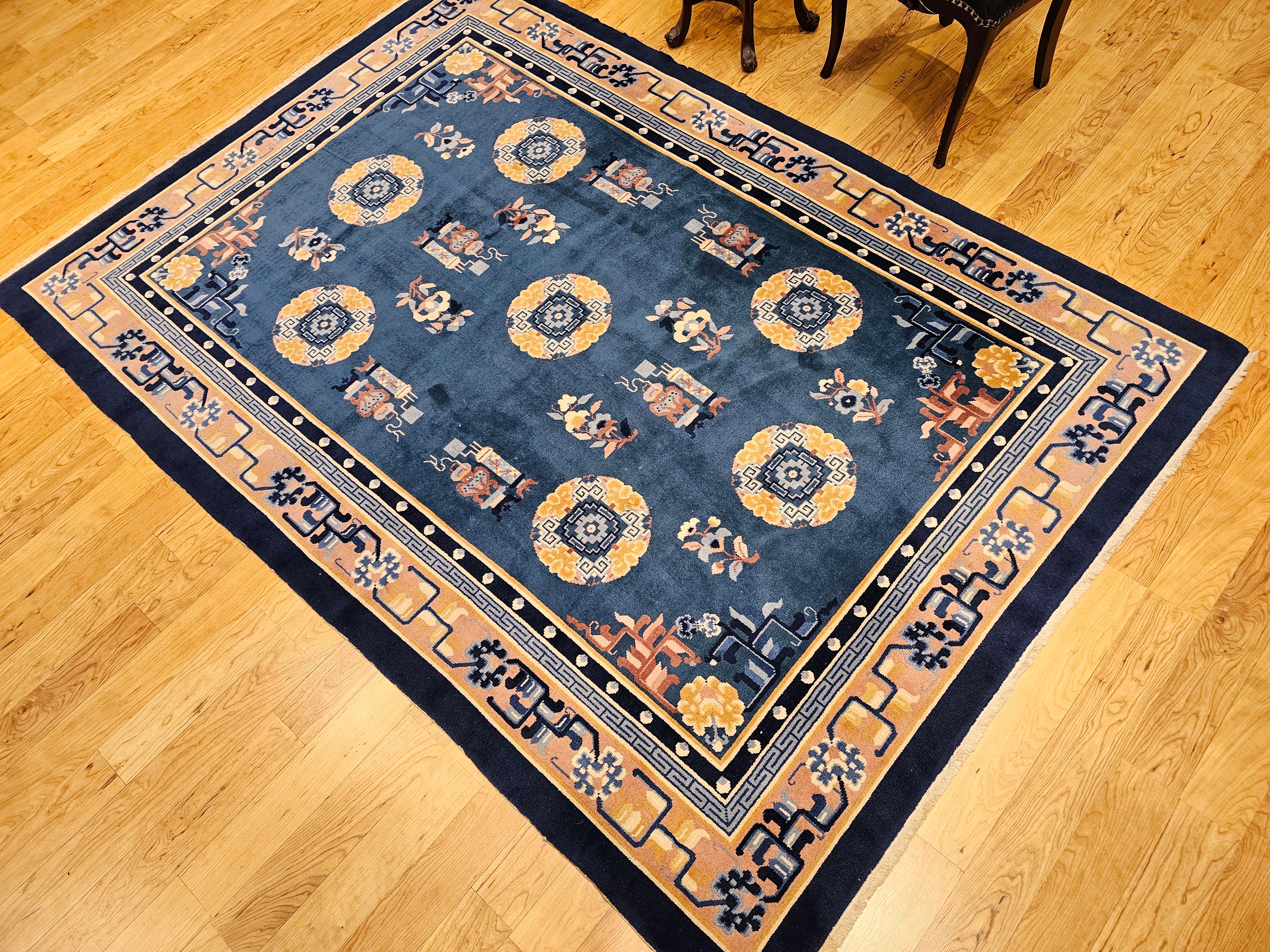 Vintage Art Deco Chinese Rug in French Blue, Ivory, Beige, Navy, Gold For Sale 4