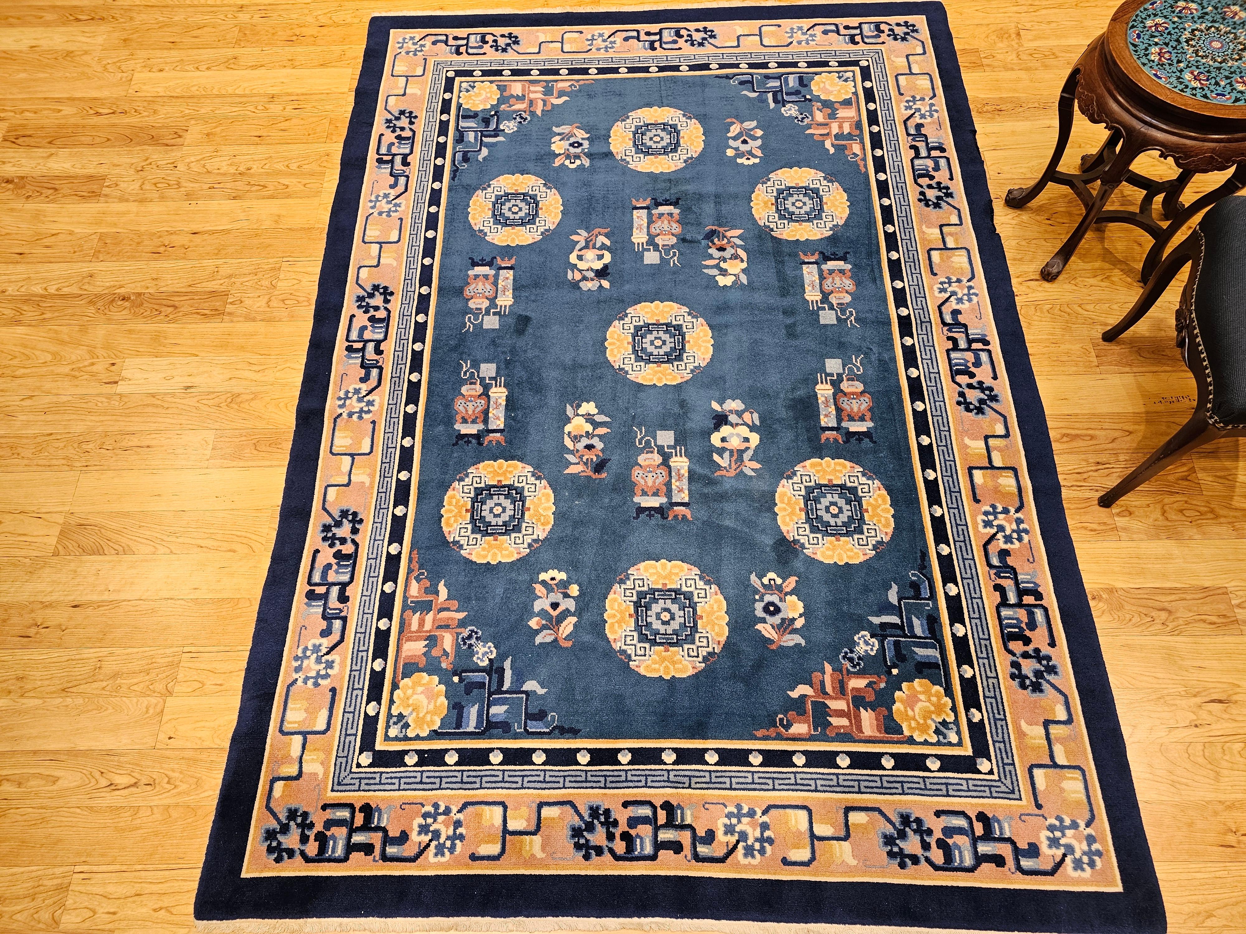 Vintage Art Deco Chinese Rug in French Blue, Ivory, Beige, Navy, Gold For Sale 5