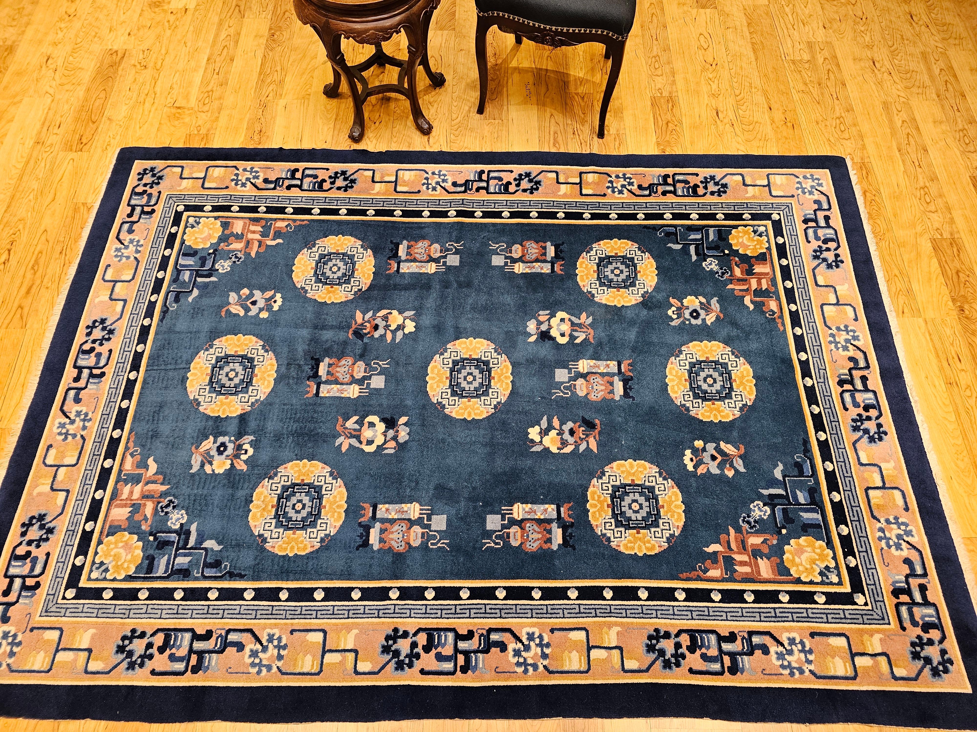 Vintage Art Deco Chinese Rug in French Blue, Ivory, Beige, Navy, Gold For Sale 7