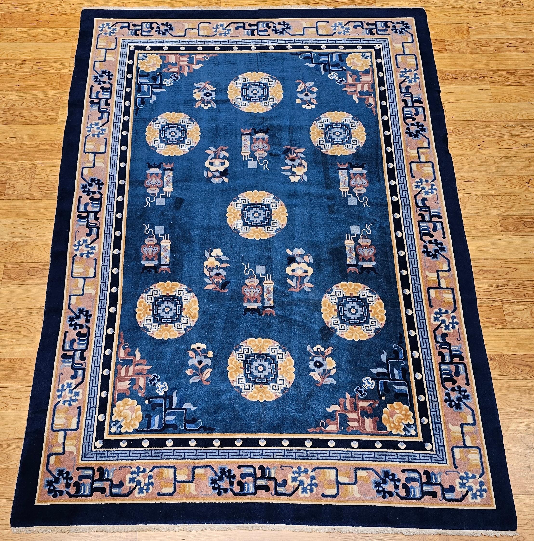 Vintage Art Deco Chinese Rug in French Blue, Ivory, Beige, Navy, Gold For Sale 8