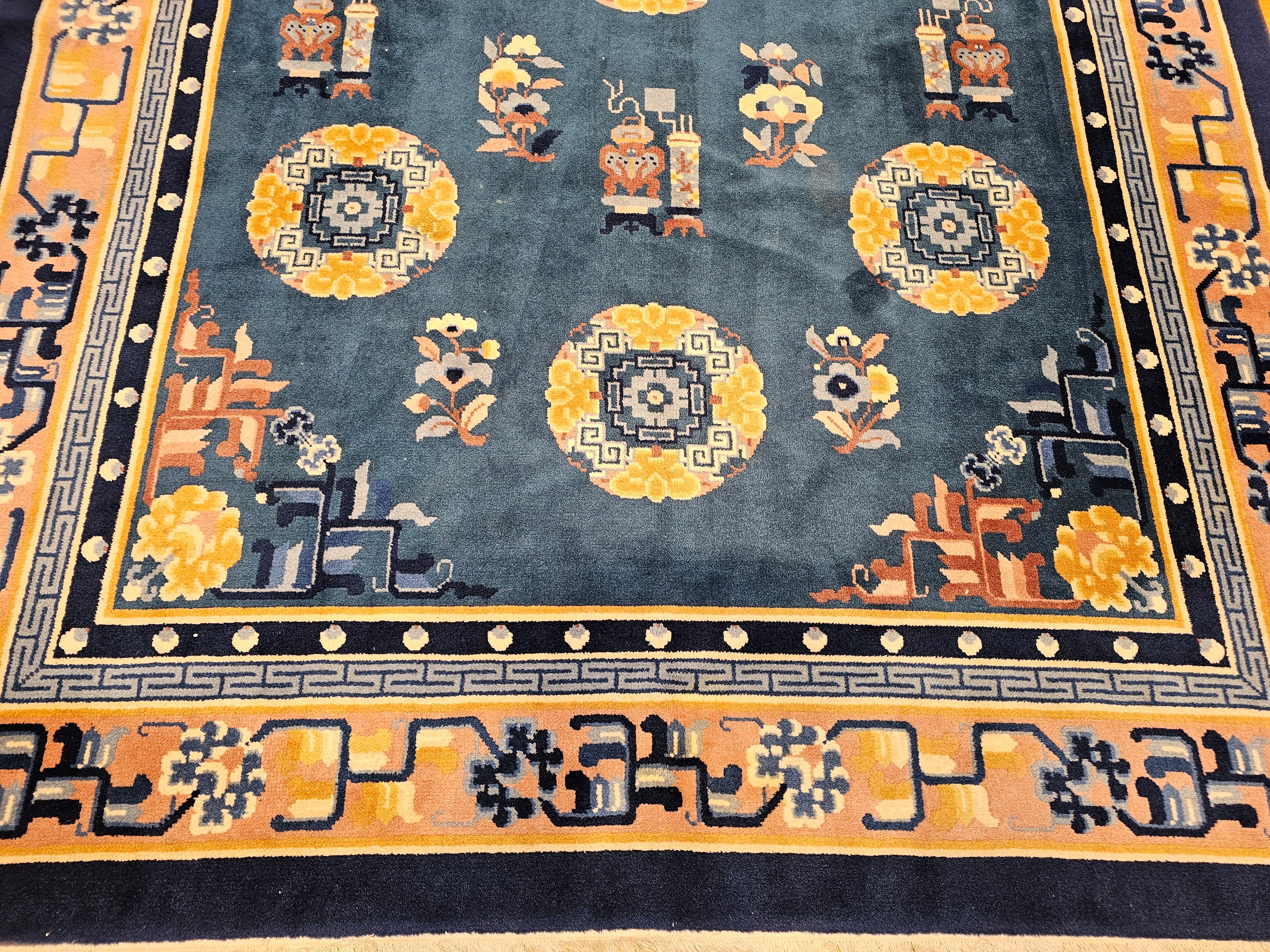 Hand-Knotted Vintage Art Deco Chinese Rug in French Blue, Ivory, Beige, Navy, Gold For Sale