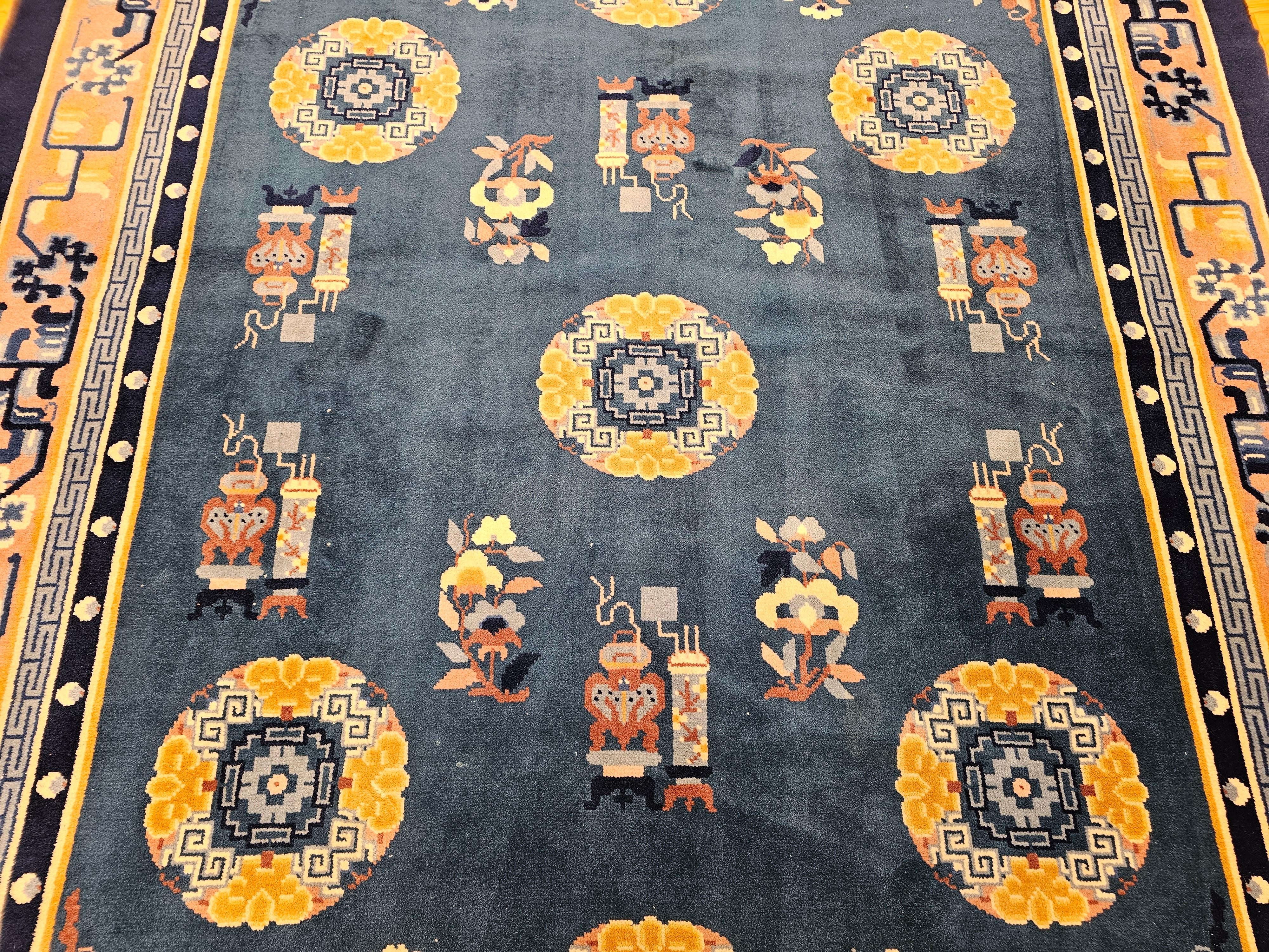 Vintage Art Deco Chinese Rug in French Blue, Ivory, Beige, Navy, Gold In Good Condition For Sale In Barrington, IL