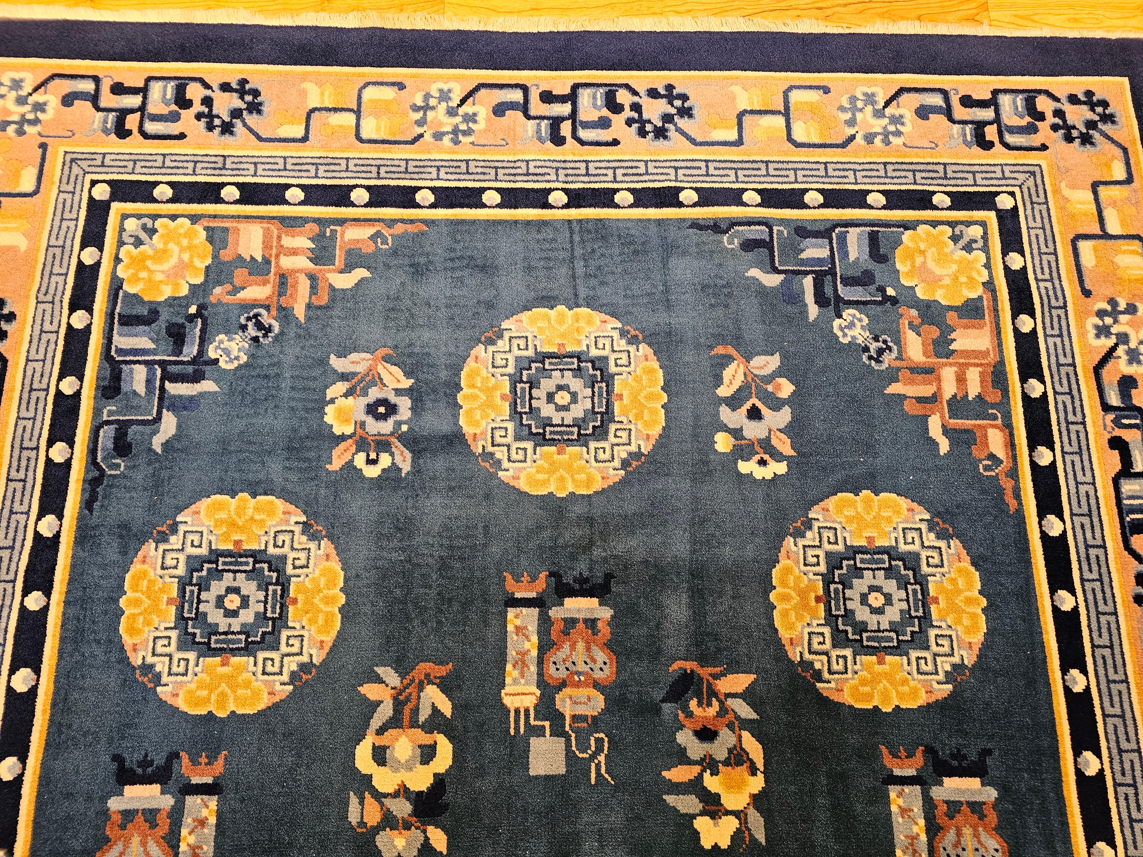 20th Century Vintage Art Deco Chinese Rug in French Blue, Ivory, Beige, Navy, Gold For Sale