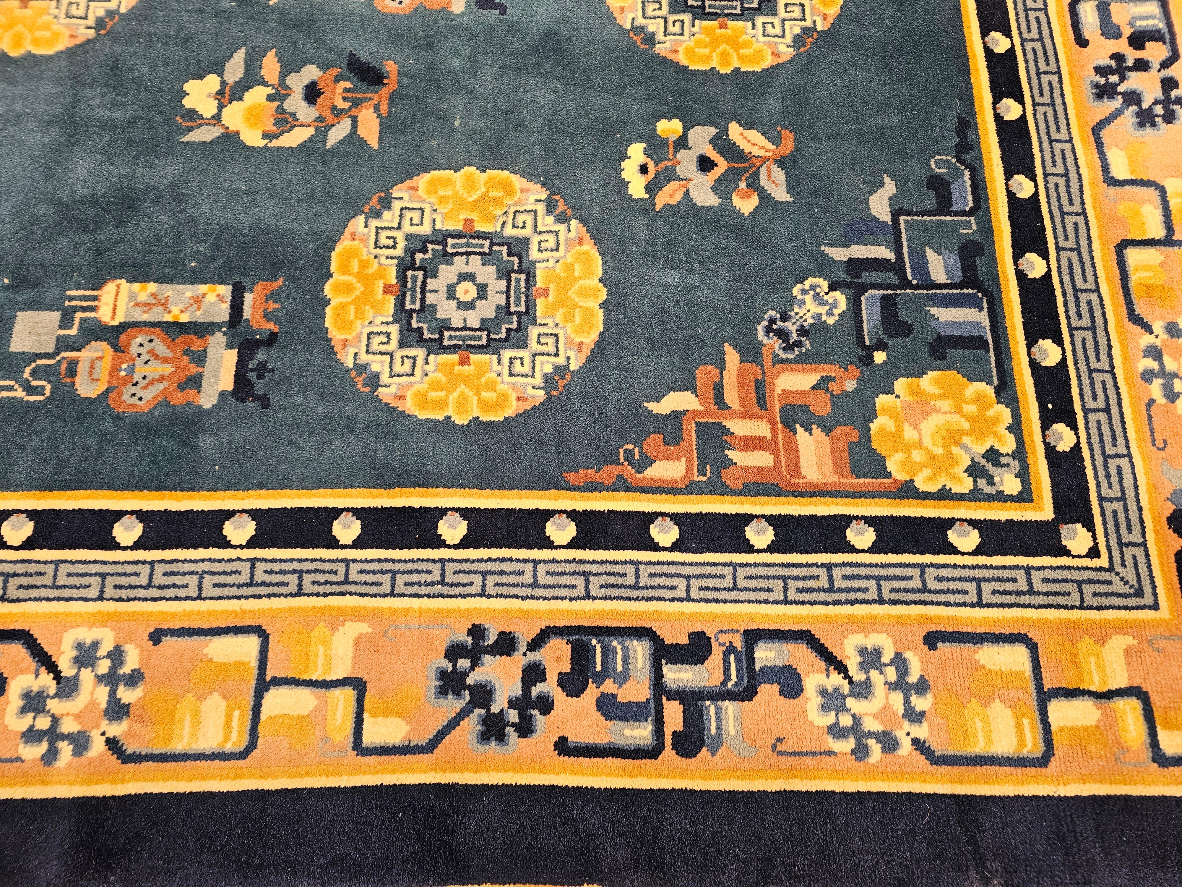 Wool Vintage Art Deco Chinese Rug in French Blue, Ivory, Beige, Navy, Gold For Sale