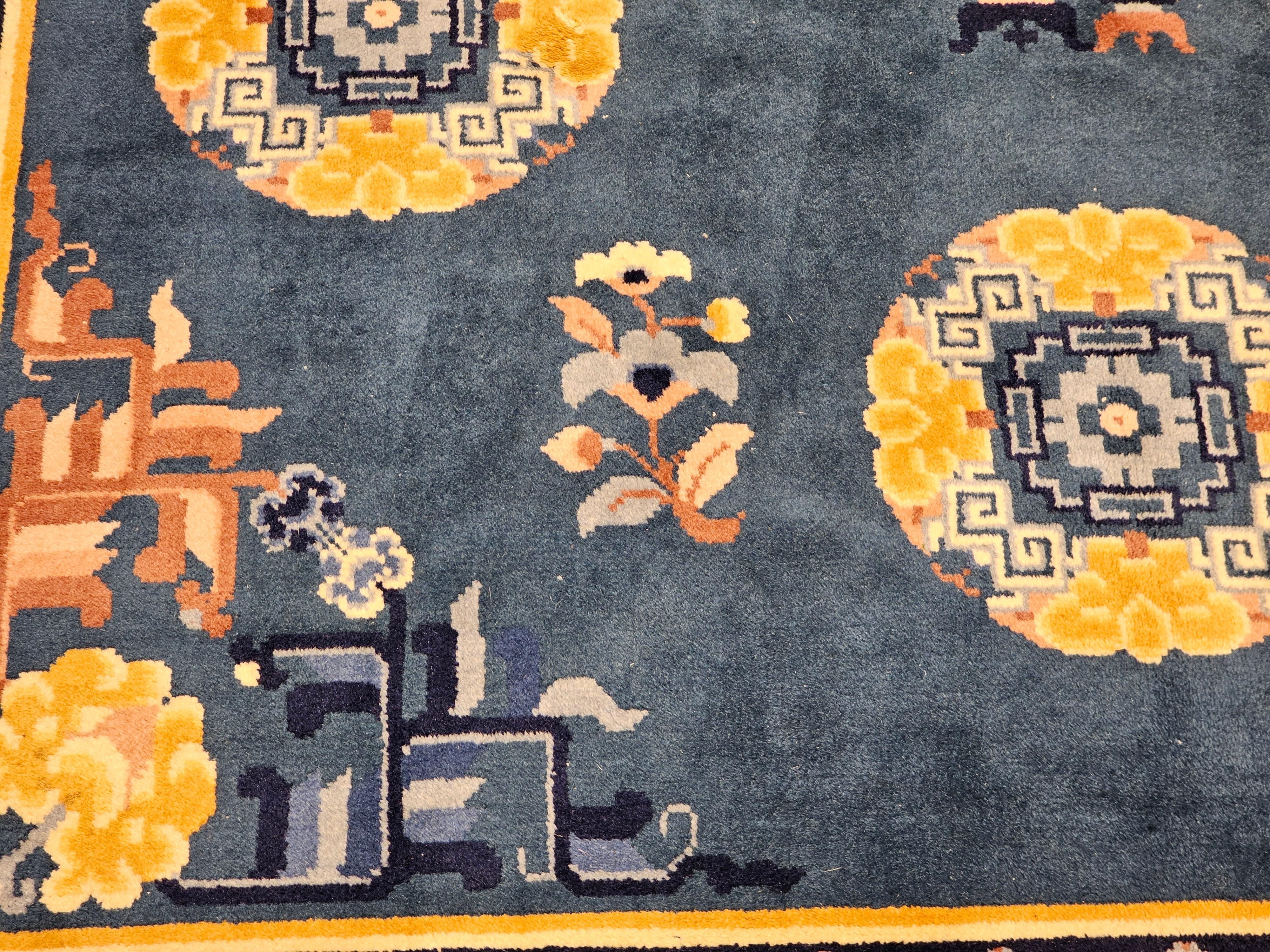 Vintage Art Deco Chinese Rug in French Blue, Ivory, Beige, Navy, Gold For Sale 1