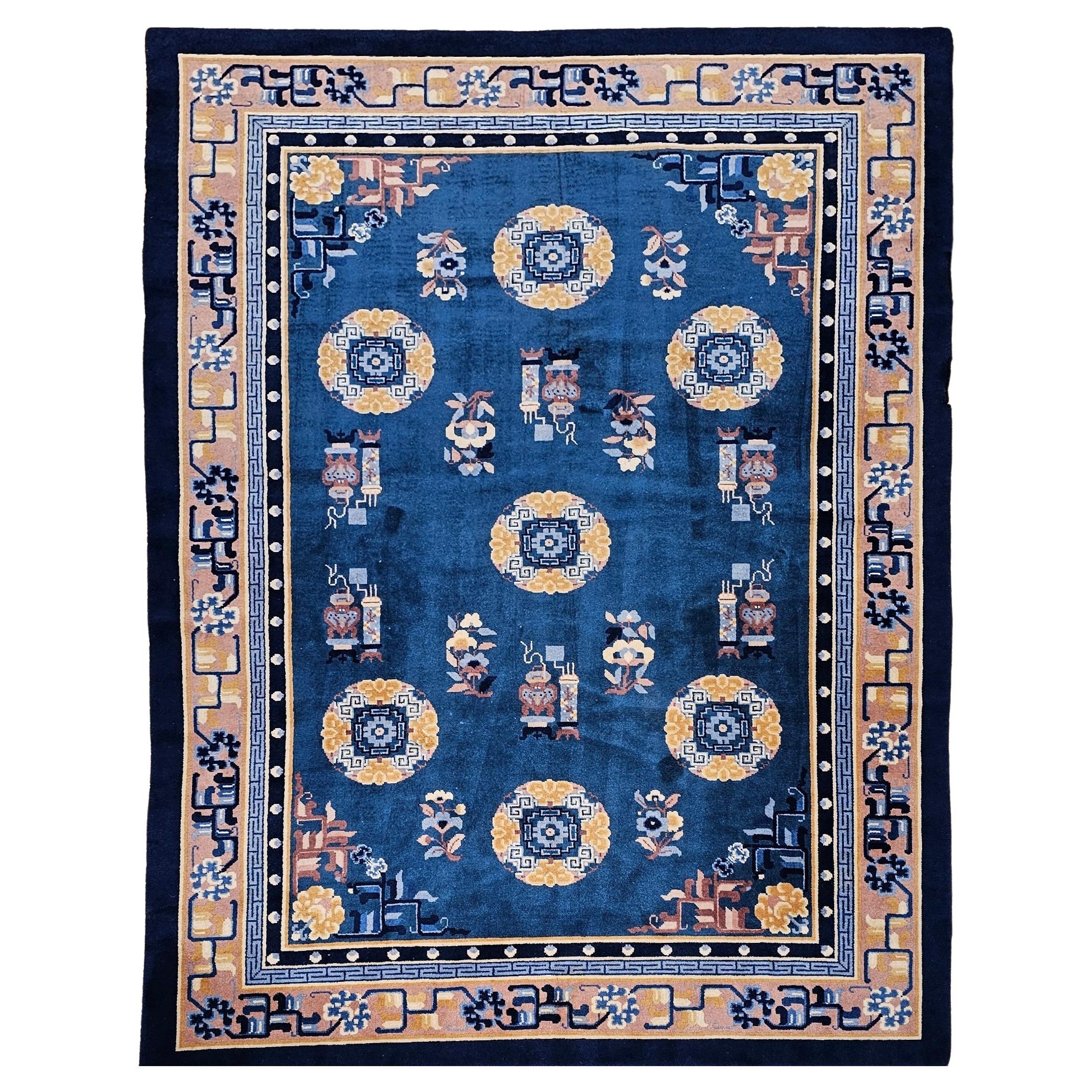 Vintage Art Deco Chinese Rug in French Blue, Ivory, Beige, Navy, Gold For Sale