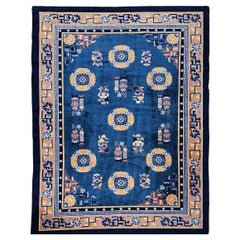 Retro Art Deco Chinese Rug in French Blue, Ivory, Beige, Navy, Gold